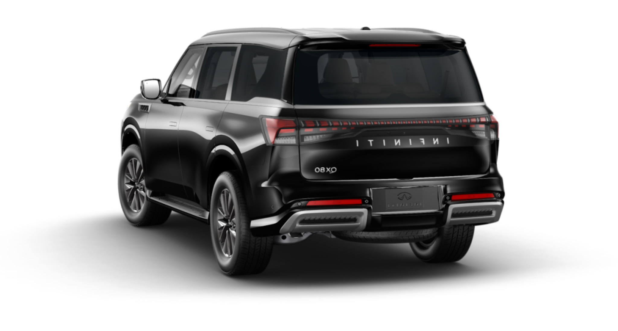 Rear view of the 2025 Infiniti QX80 Pure 4WD in black, featuring modern LED taillights, dual exhaust tips, and signature Infiniti badging.