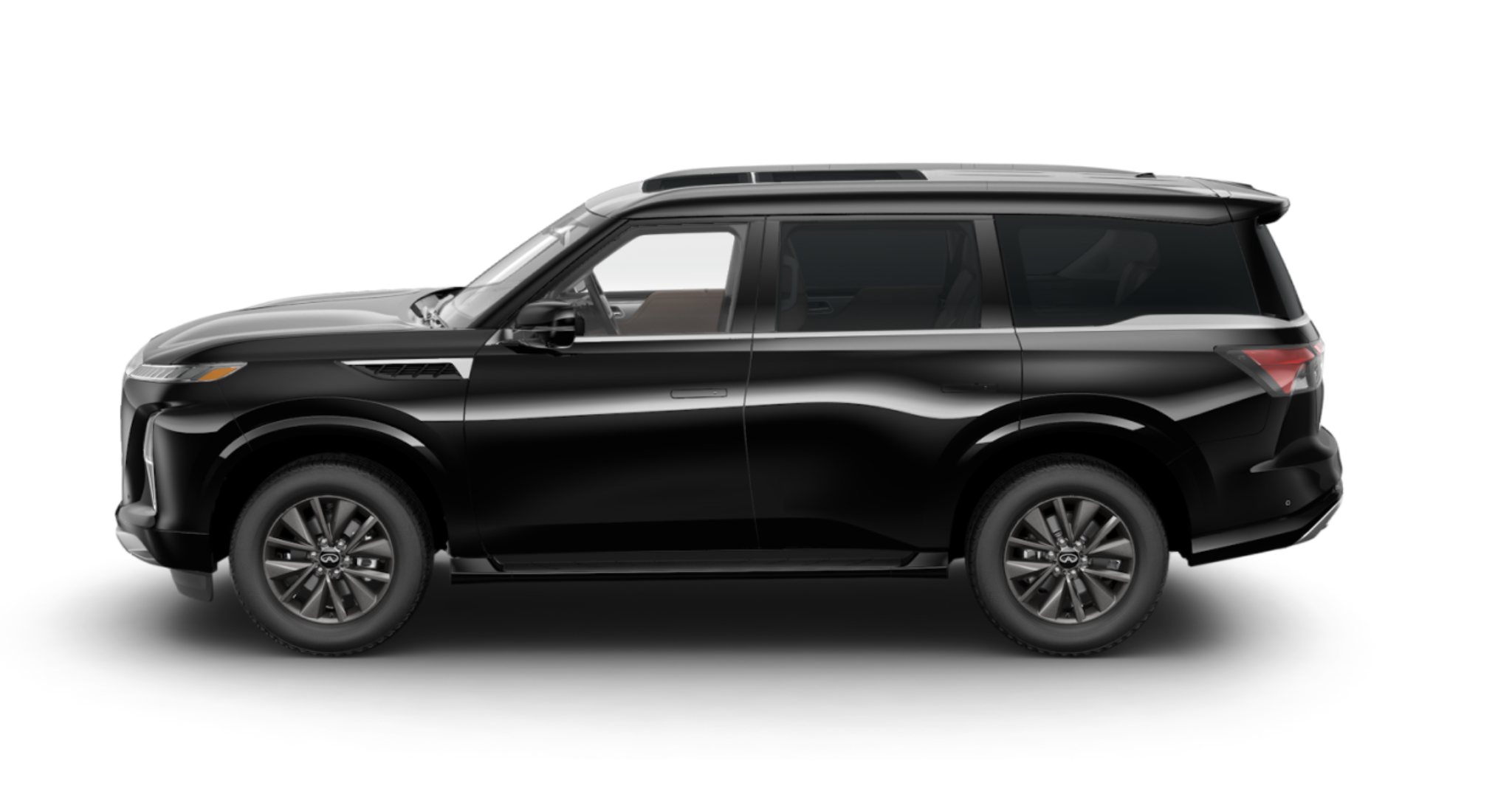 Side profile of the 2025 Infiniti QX80 Pure 4WD in black, showcasing its bold exterior design, sculpted body lines, and large alloy wheels.