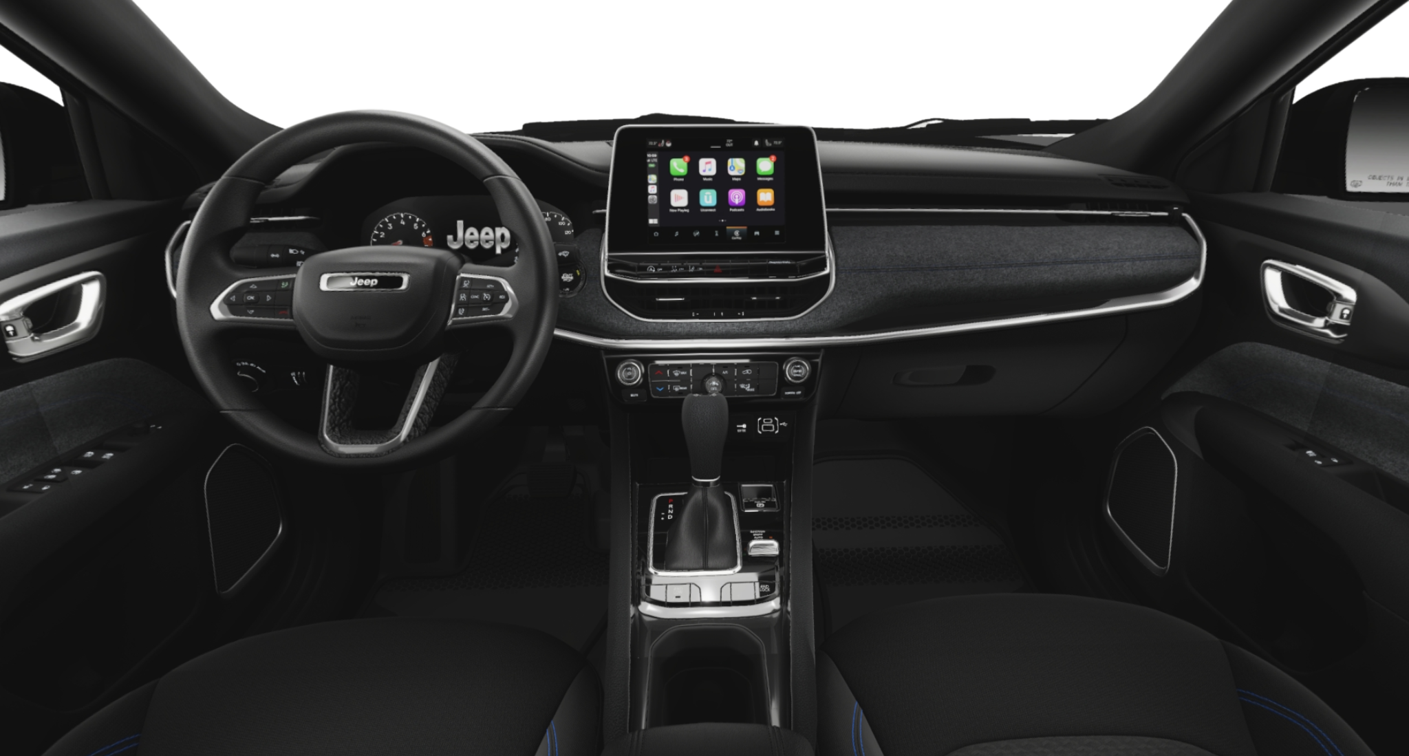 Interior dashboard of the 2025 Jeep Compass Sport AWD showcasing the 8.4-inch Uconnect touchscreen, Apple CarPlay, and leather-wrapped steering wheel.