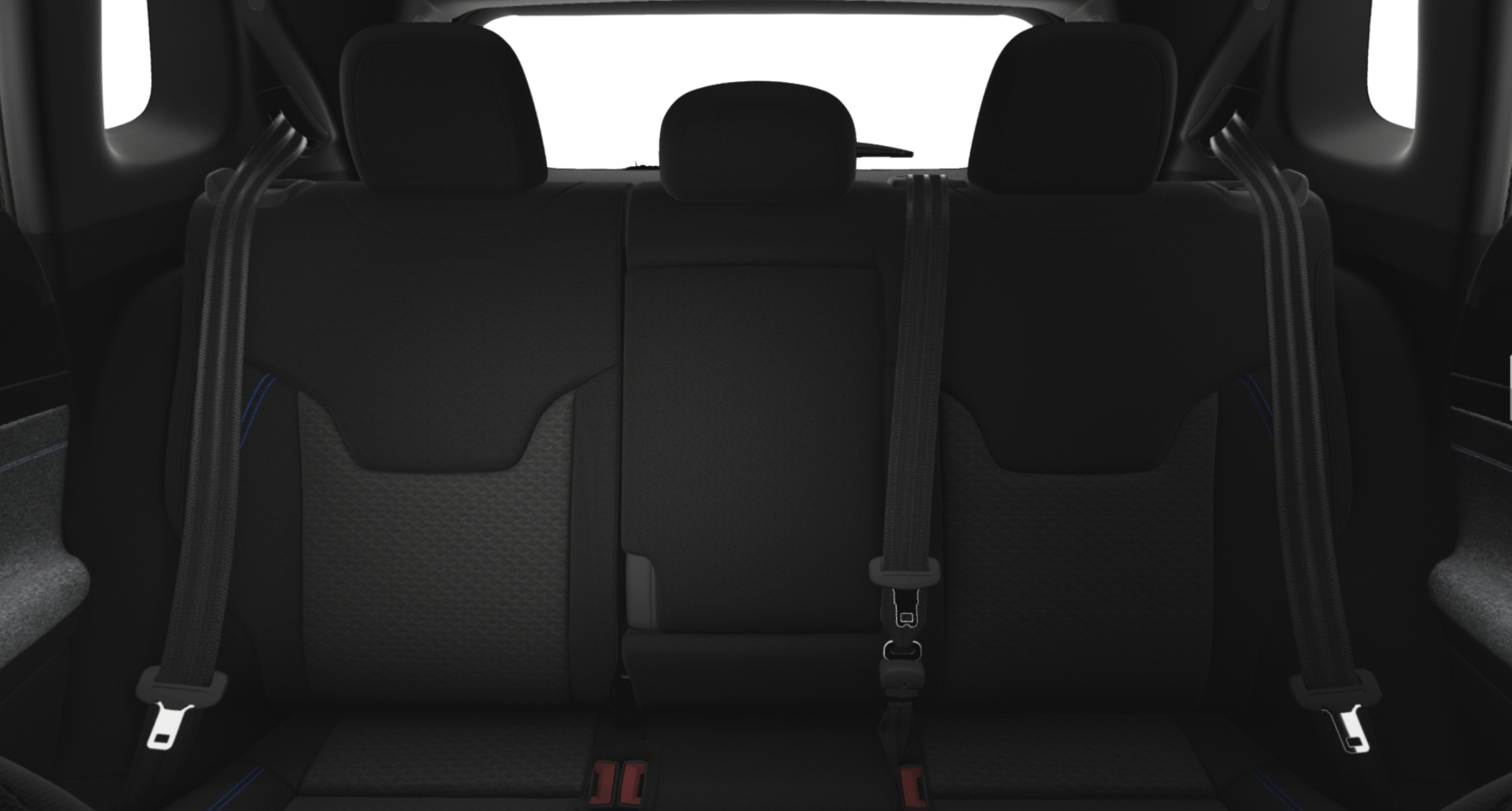 Rear seat view of the 2025 Jeep Compass Sport AWD featuring cloth upholstery, 60/40 split-folding seats, and integrated headrests.