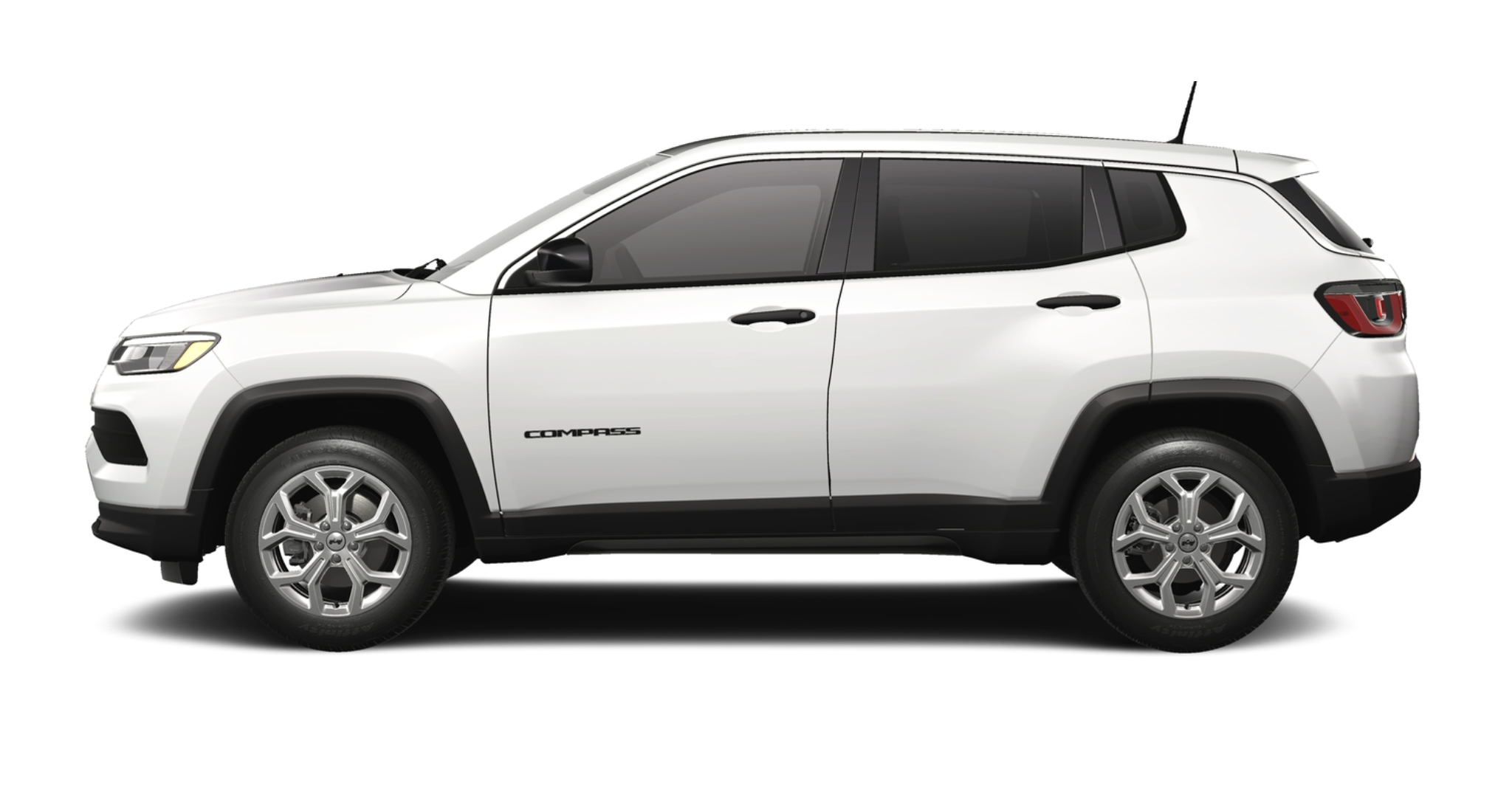 Side profile of the 2025 Jeep Compass Sport AWD highlighting its compact SUV design, body-colored door handles, and 17-inch alloy wheels.