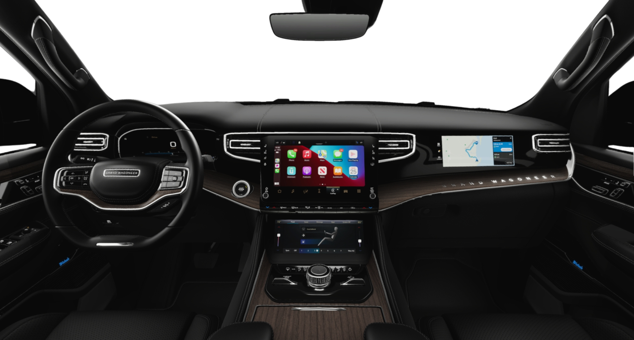 2025 Jeep Grand Wagoneer 4WD dashboard featuring Uconnect 5 NAV system, digital displays, and luxury woodgrain accents.