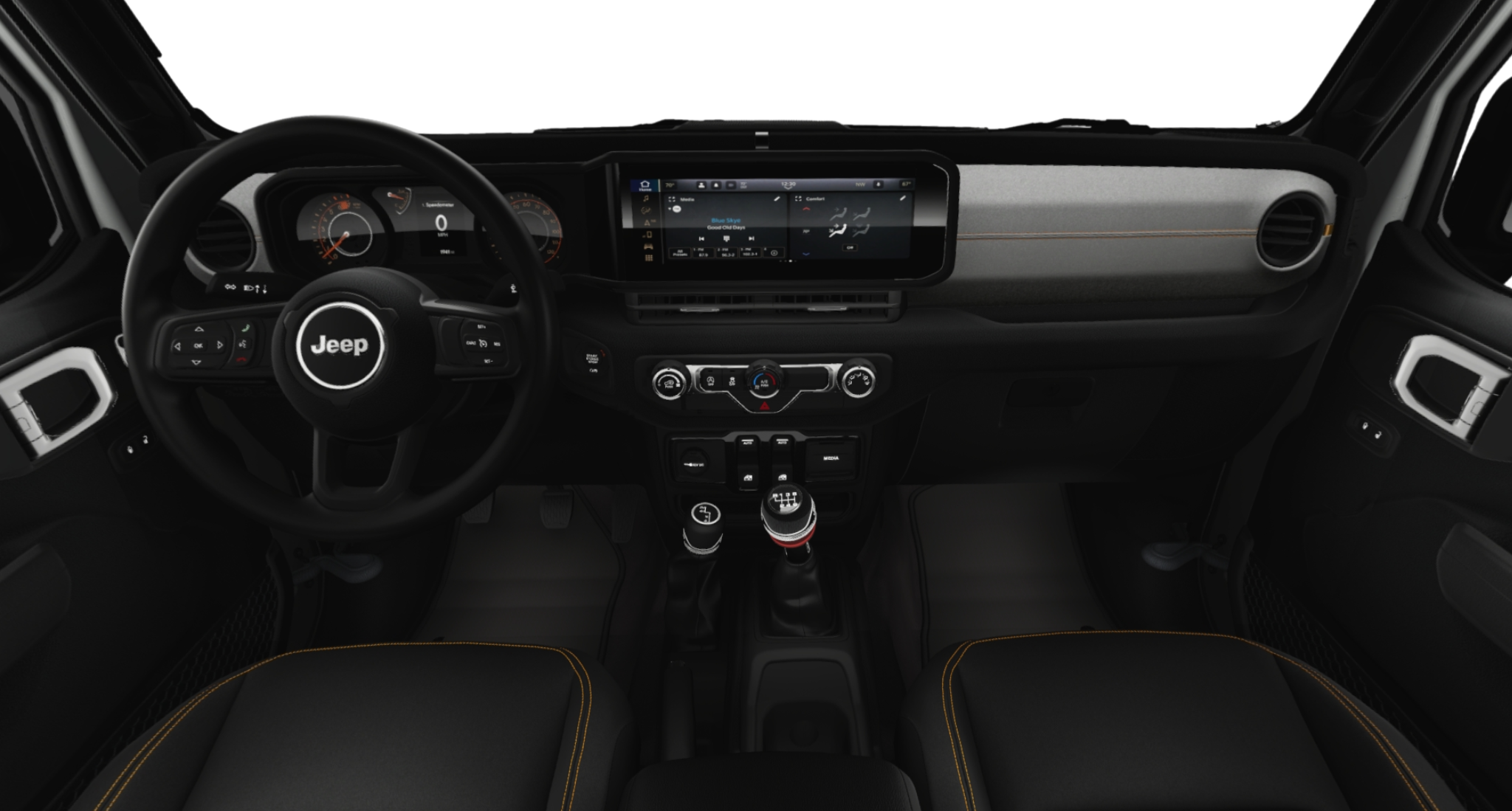 Interior view of the 2025 Jeep Wrangler AWD Sport showcasing Uconnect touchscreen, manual transmission, and rugged dashboard design.