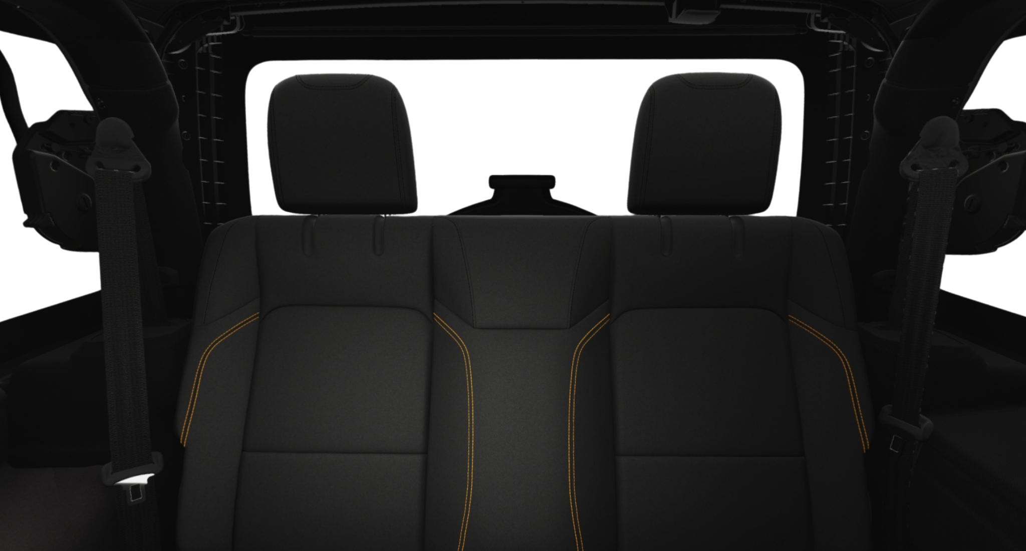 Rear seating of the 2025 Jeep Wrangler AWD Sport with black cloth upholstery and orange contrast stitching.