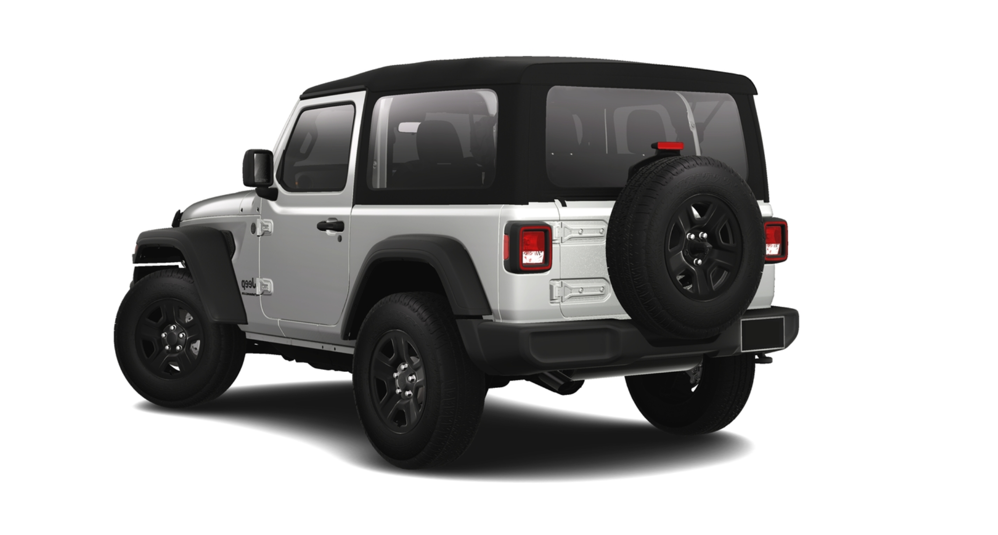 Rear exterior view of the 2025 Jeep Wrangler AWD Sport featuring spare tire mount, soft top roof, and LED taillights.