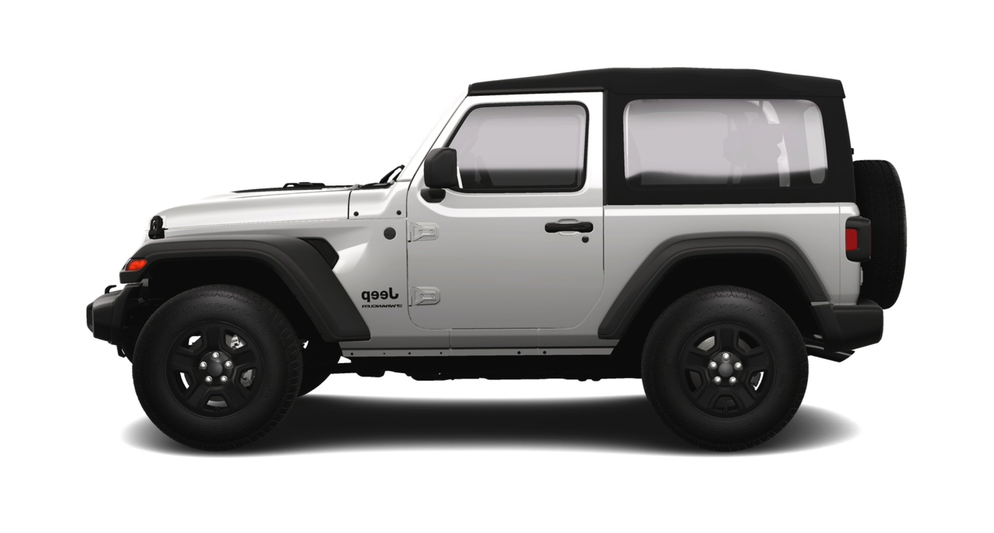 Side profile of the 2025 Jeep Wrangler AWD Sport in silver with black fender flares, soft top roof, and off-road tires.