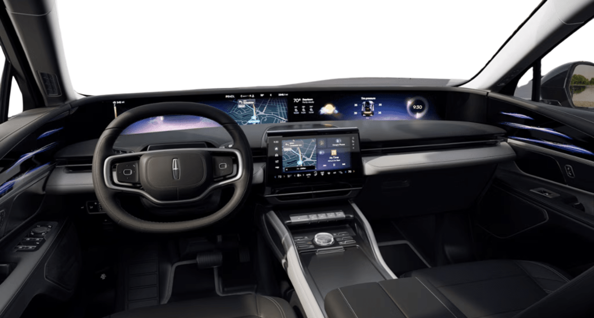 Driver-focused dashboard of the 2025 Lincoln Nautilus Premiere AWD featuring a 48-inch panoramic digital display, integrated navigation, and center touchscreen controls.