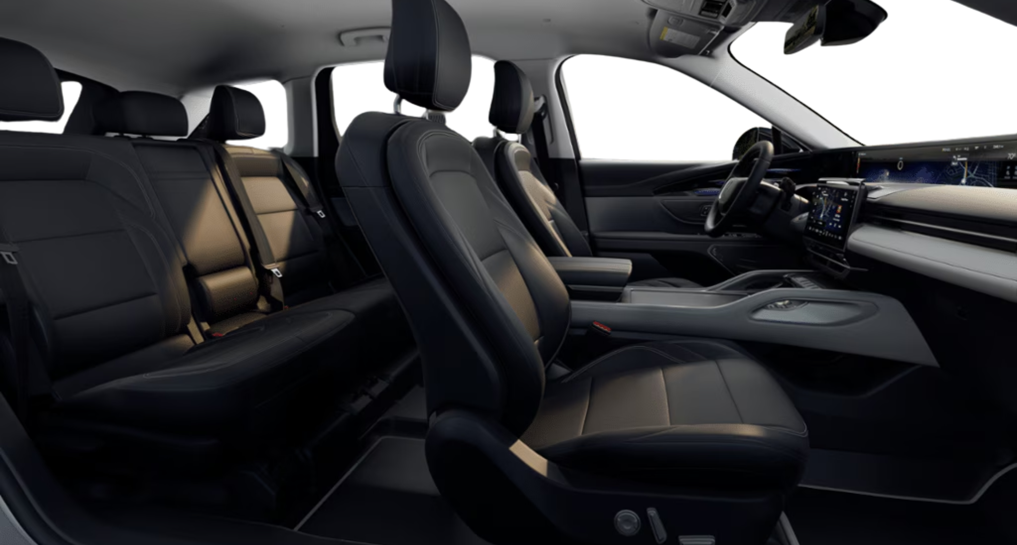 Interior cabin view of the 2025 Lincoln Nautilus Premiere AWD showcasing black leather front and rear seats, spacious legroom, and upscale soft-touch finishes.