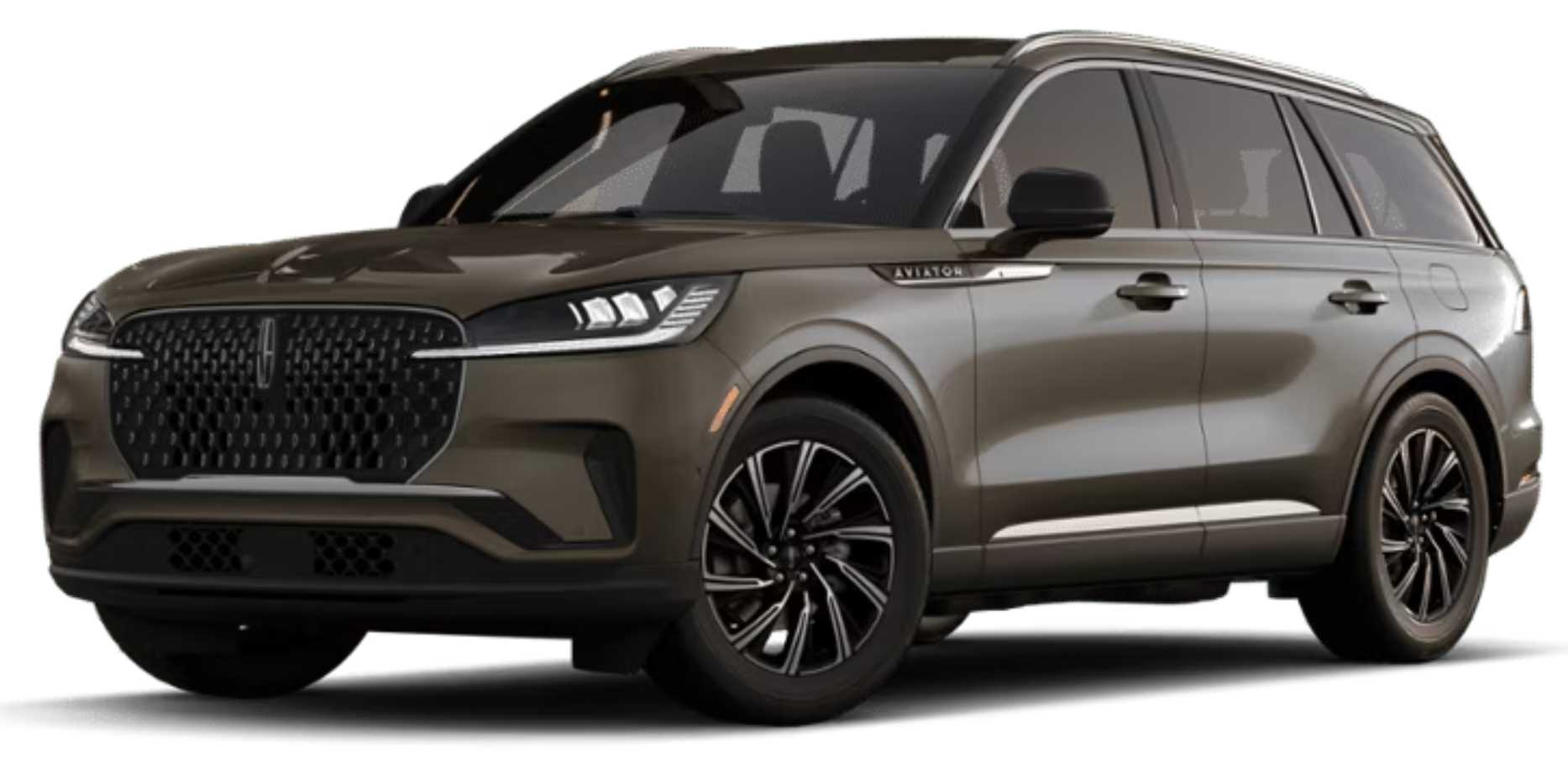 Front angle of the 2025 Lincoln Aviator Premiere AWD emphasizing the signature Lincoln grille, LED headlights, and aerodynamic front fascia.