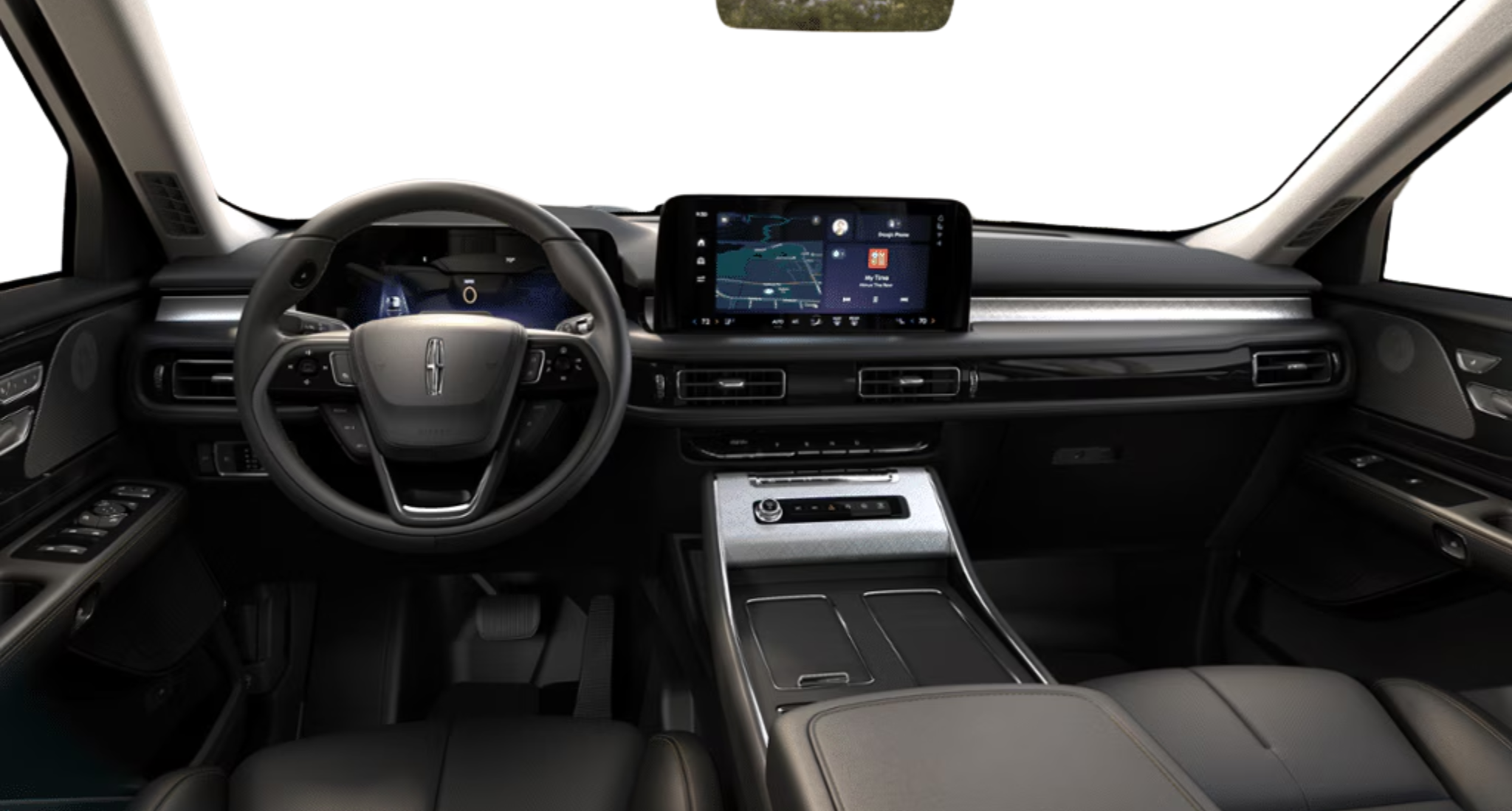 Cockpit view of the 2025 Lincoln Aviator Premiere AWD highlighting the digital instrument cluster, 13.2-inch touchscreen, and luxury dashboard layout.