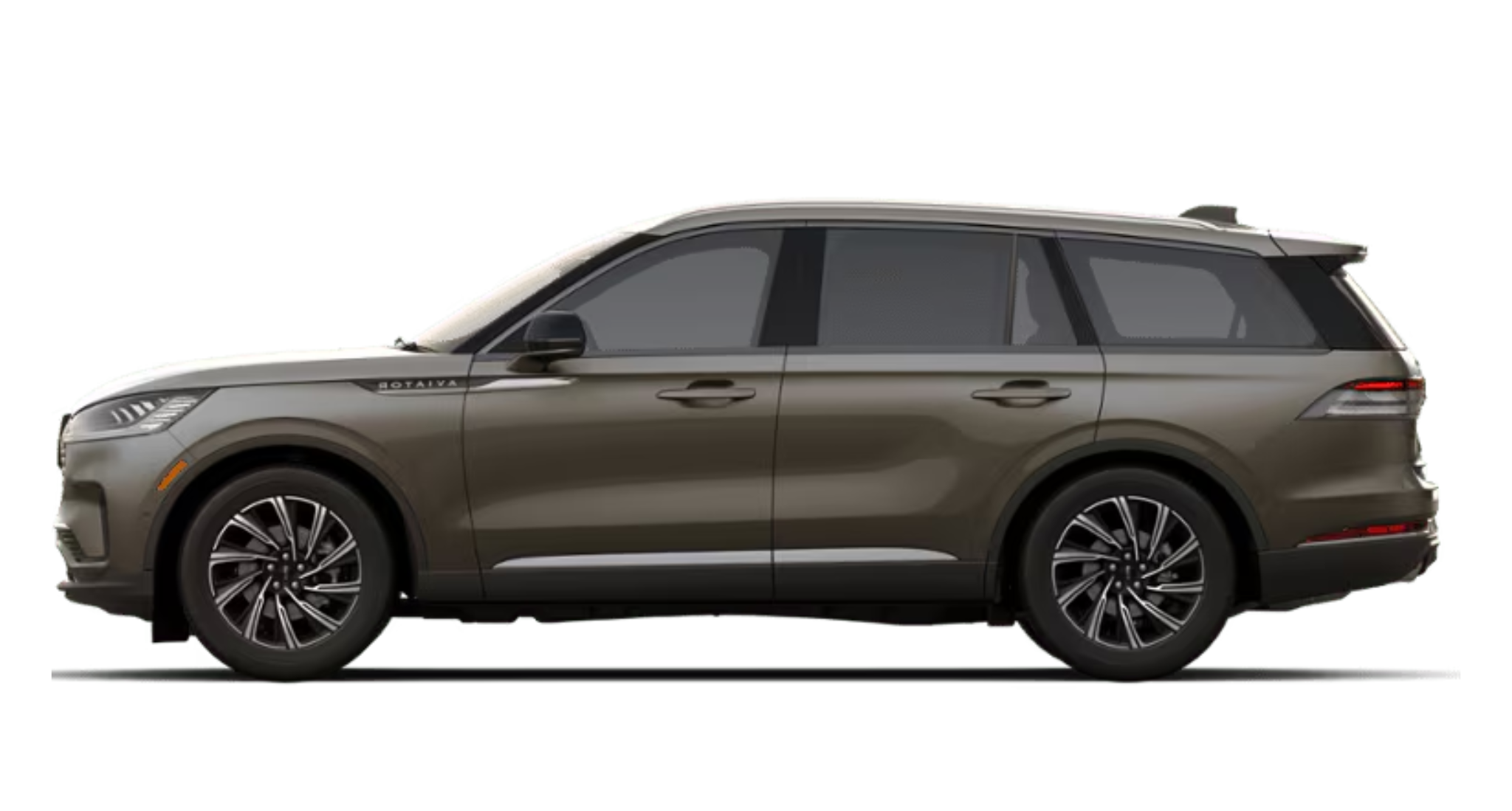 Side view of the 2025 Lincoln Aviator Premiere AWD showcasing its sleek silhouette, 20-inch alloy wheels, and refined SUV proportions.
