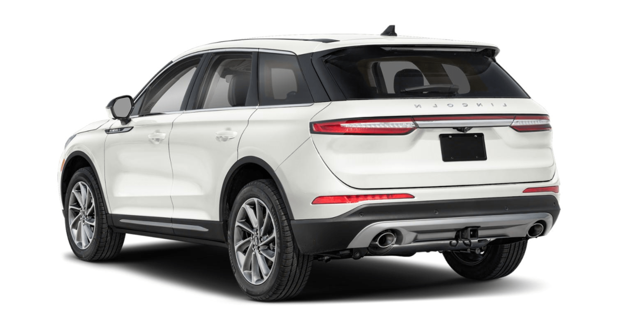 2025 Lincoln Corsair Premiere AWD rear view highlighting LED taillamps, dual exhaust, and hands-free power liftgate