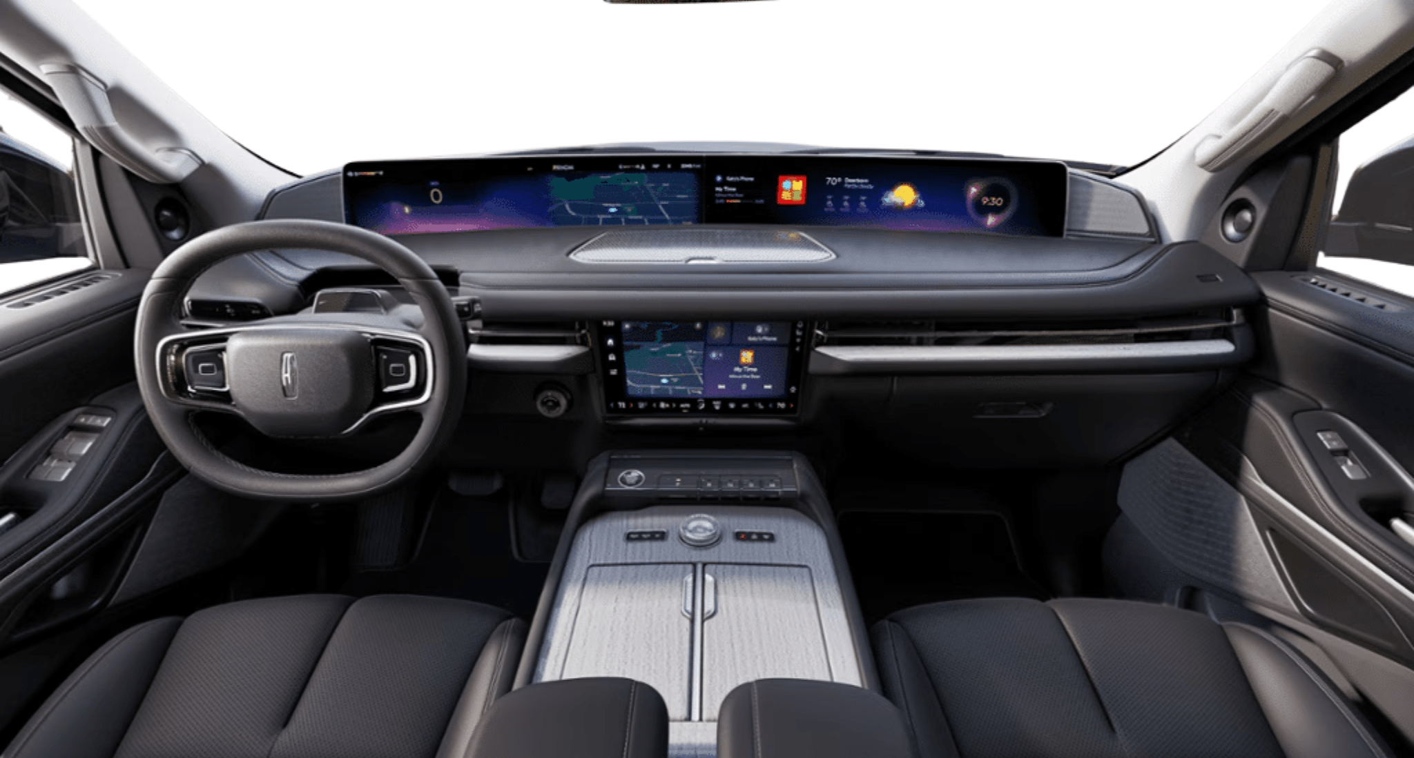 2025 Lincoln Navigator Reserve cockpit featuring a 48-inch panoramic display, wood-trimmed center console, and Alexa integration.