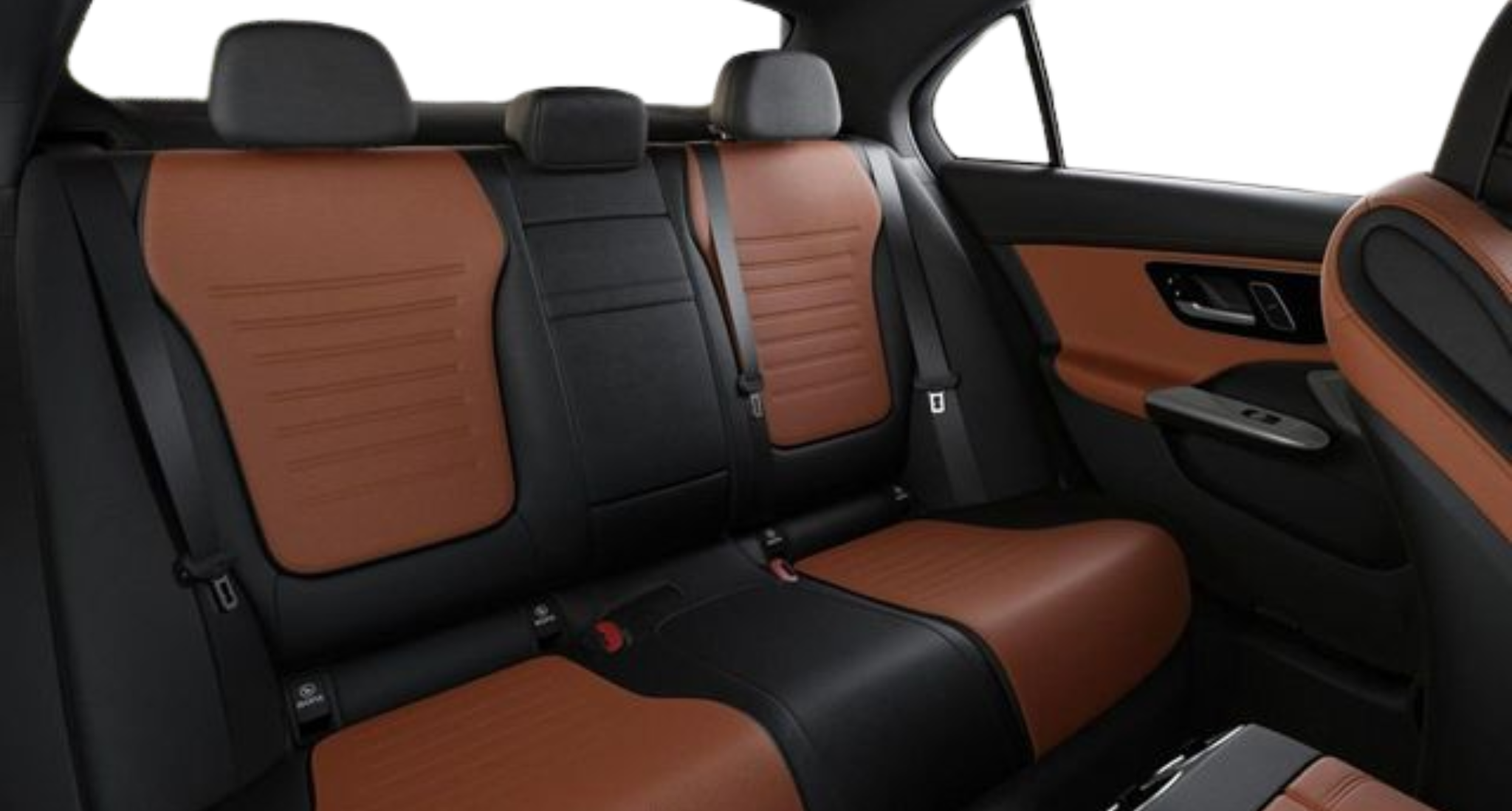 Rear seat view of the 2025 Mercedes-Benz C 300 AWD, showcasing premium two-tone leather upholstery with detailed stitching and modern design.
