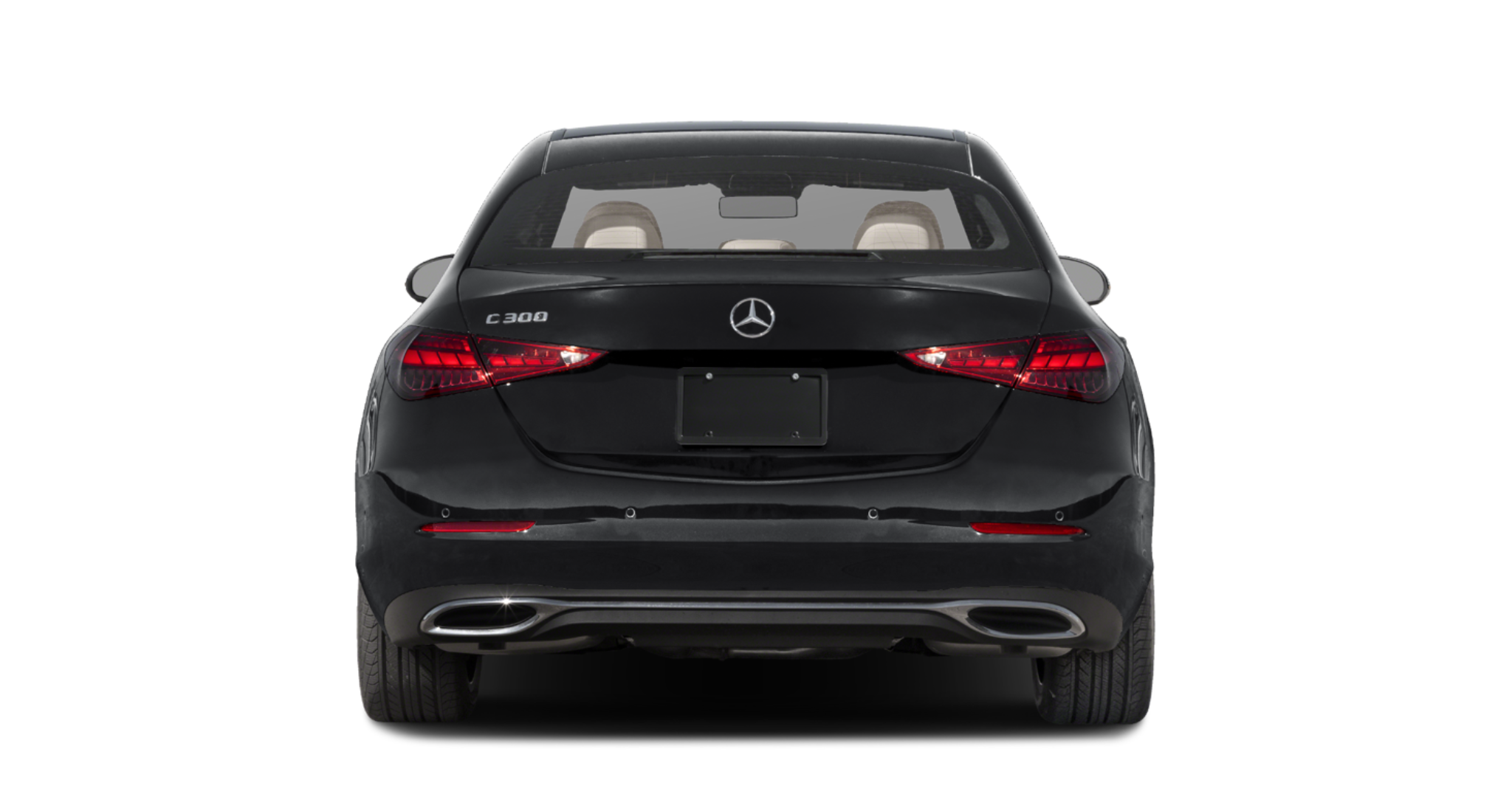 Rear exterior view of the 2025 Mercedes-Benz C 300 AWD sedan in black, highlighting LED taillights and dual chrome exhausts.