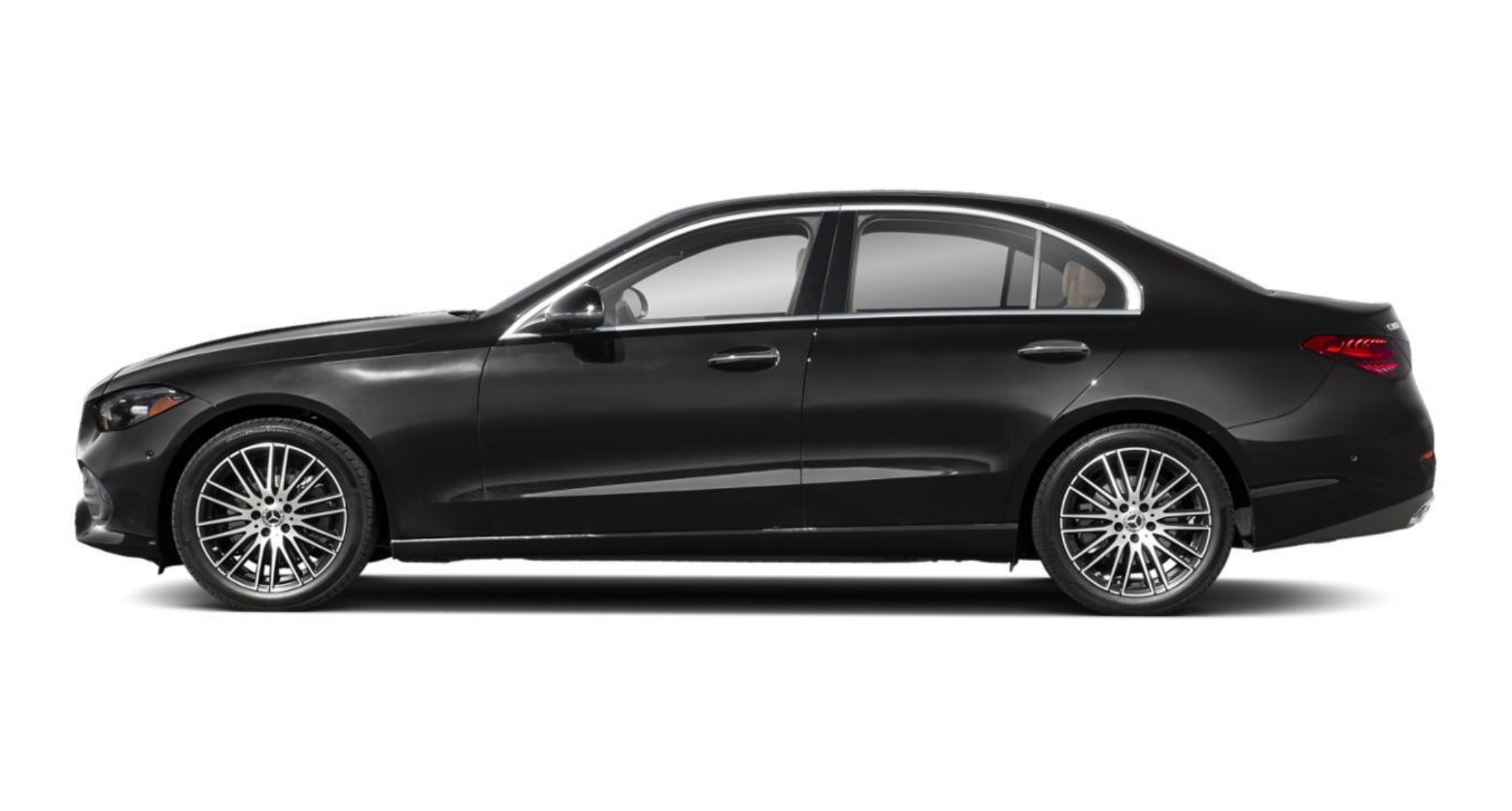Sleek side profile of the 2025 Mercedes-Benz C 300 AWD luxury sedan with multi-spoke alloy wheels and aerodynamic body design.