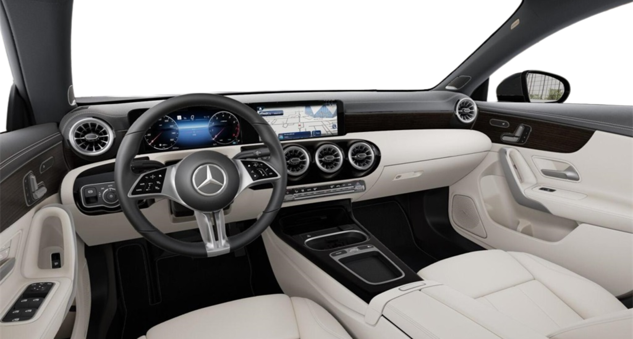 2025 Mercedes-Benz CLA 250 Coupe luxurious interior featuring advanced MBUX infotainment system and digital instrument cluster.