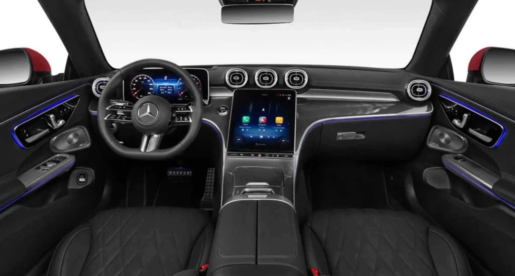 2025 Mercedes-Benz CLE 300 Coupe interior showcasing the premium dashboard, MBUX touchscreen, and luxurious ambient lighting.