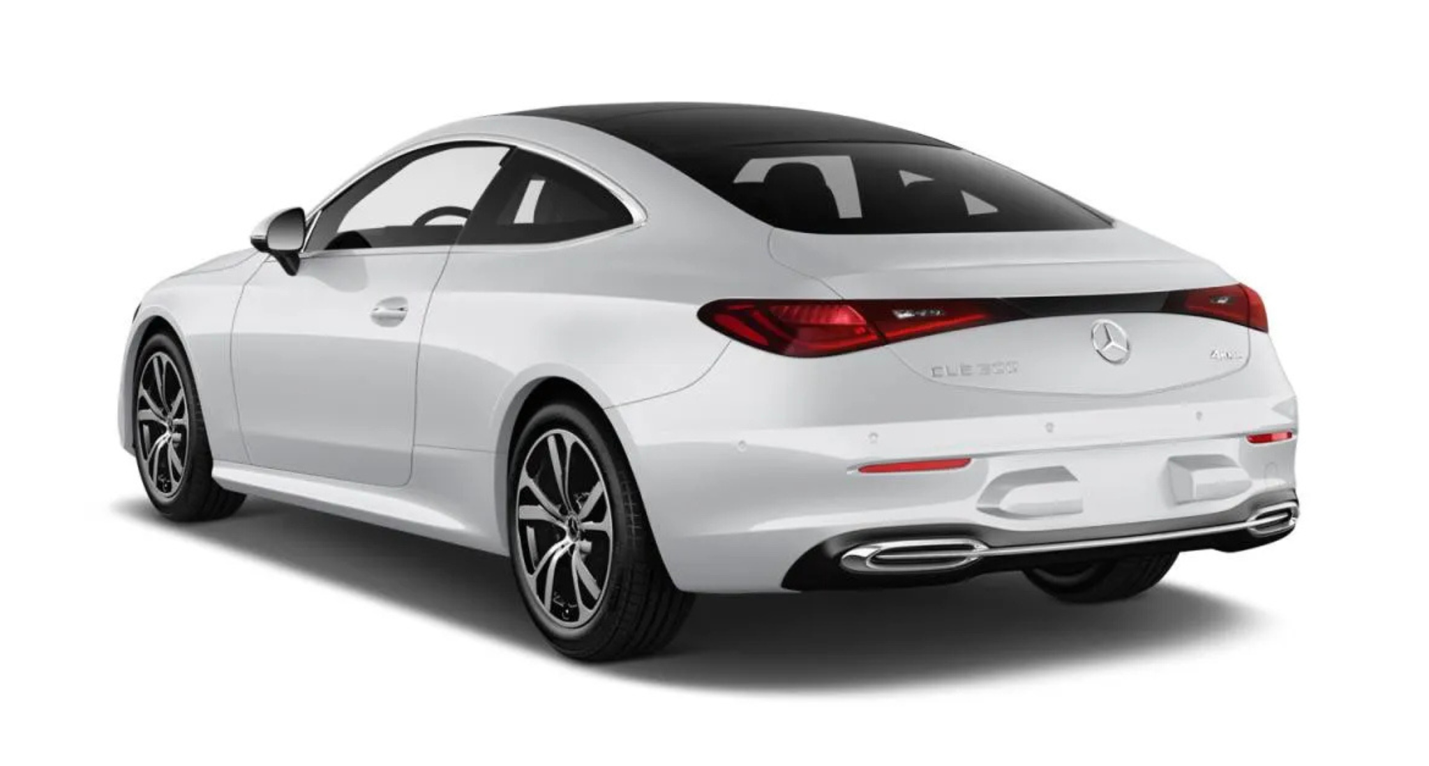 Rear perspective of the luxurious 2025 Mercedes-Benz CLE 300 Coupe highlighting its aerodynamic design and distinctive taillights.