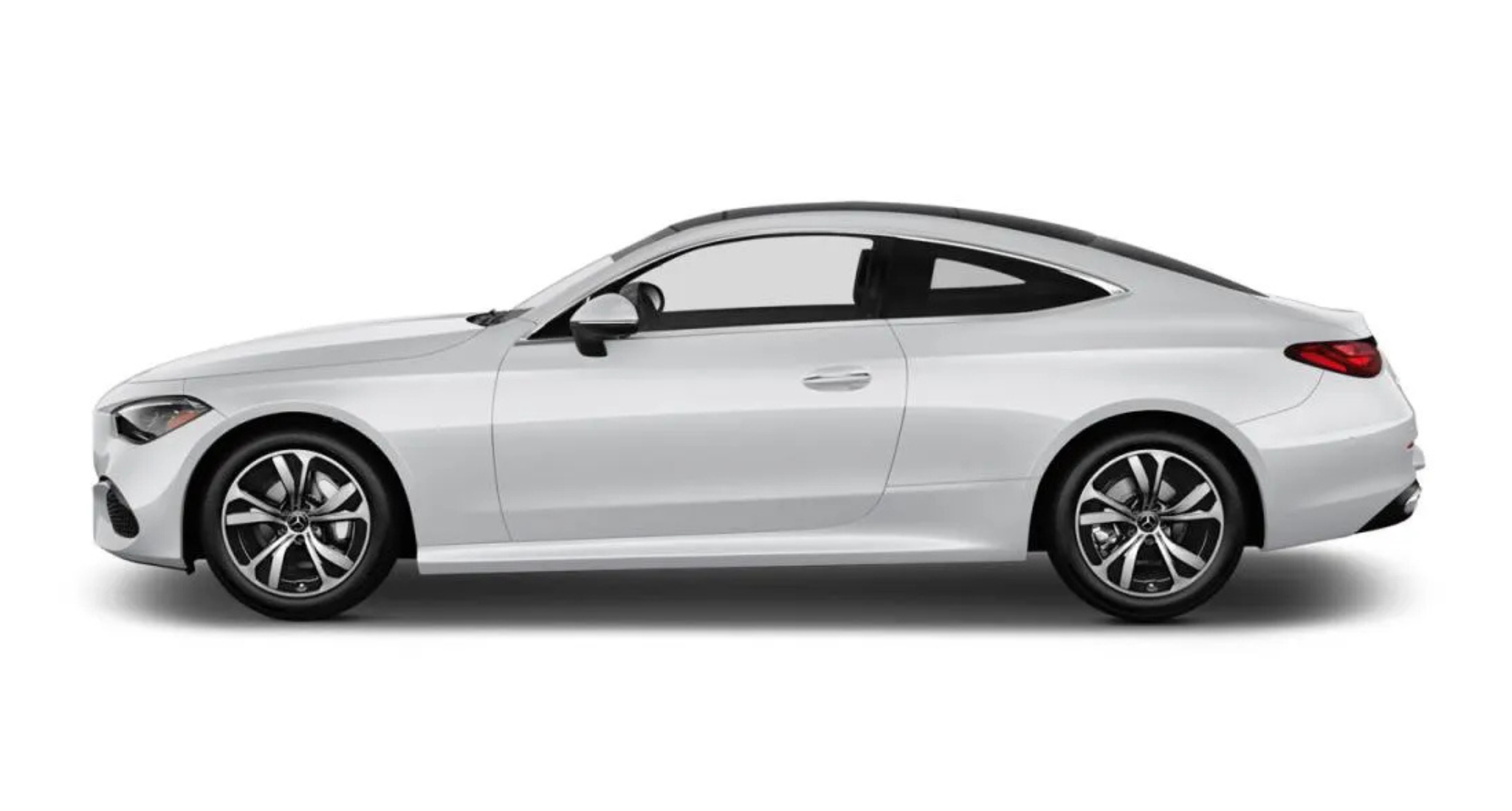 Side profile of the stylish 2025 Mercedes-Benz CLE 300 Coupe with aerodynamic curves and sporty alloy wheels.