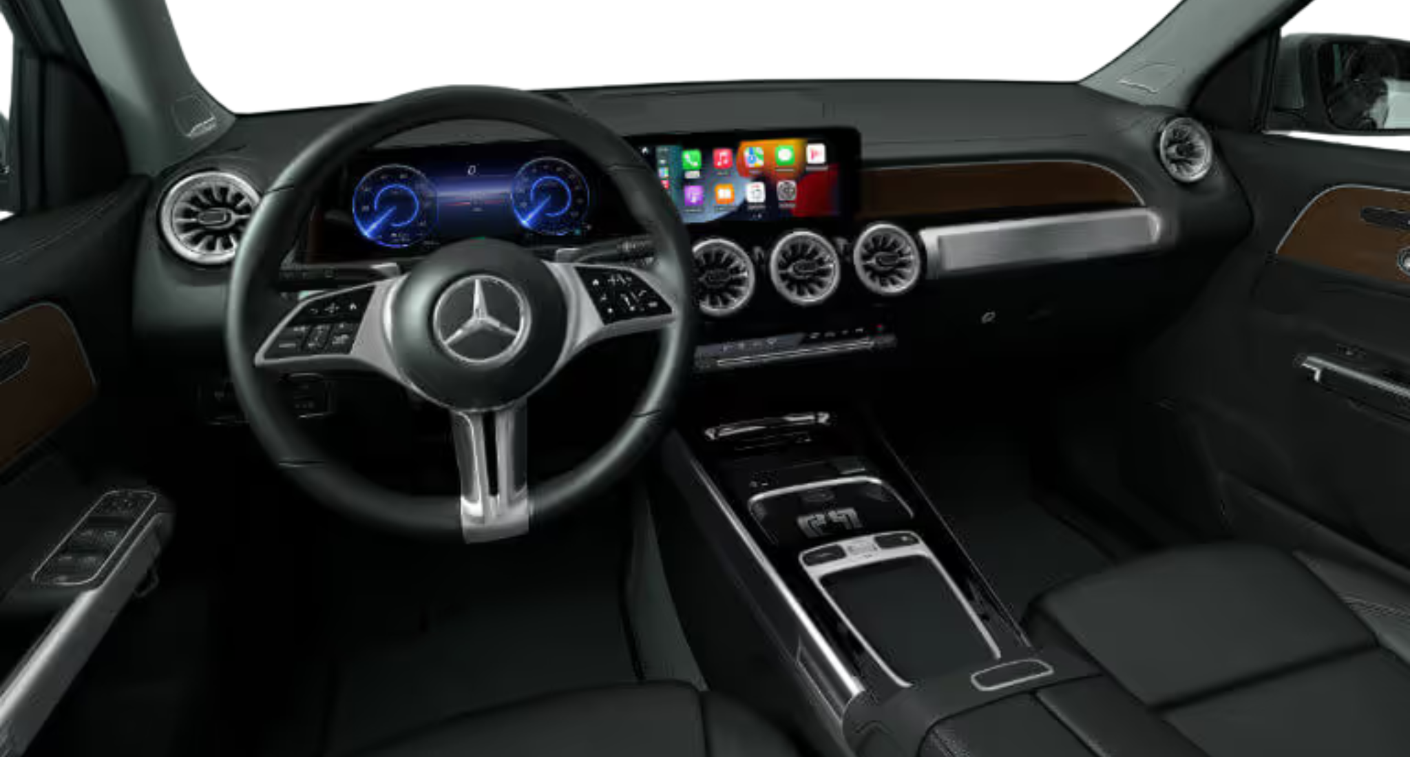 Interior dashboard view of the 2025 Mercedes-Benz EQB 300 4MATIC AWD showcasing the digital instrument cluster, MBUX touchscreen, and turbine-style air vents.
