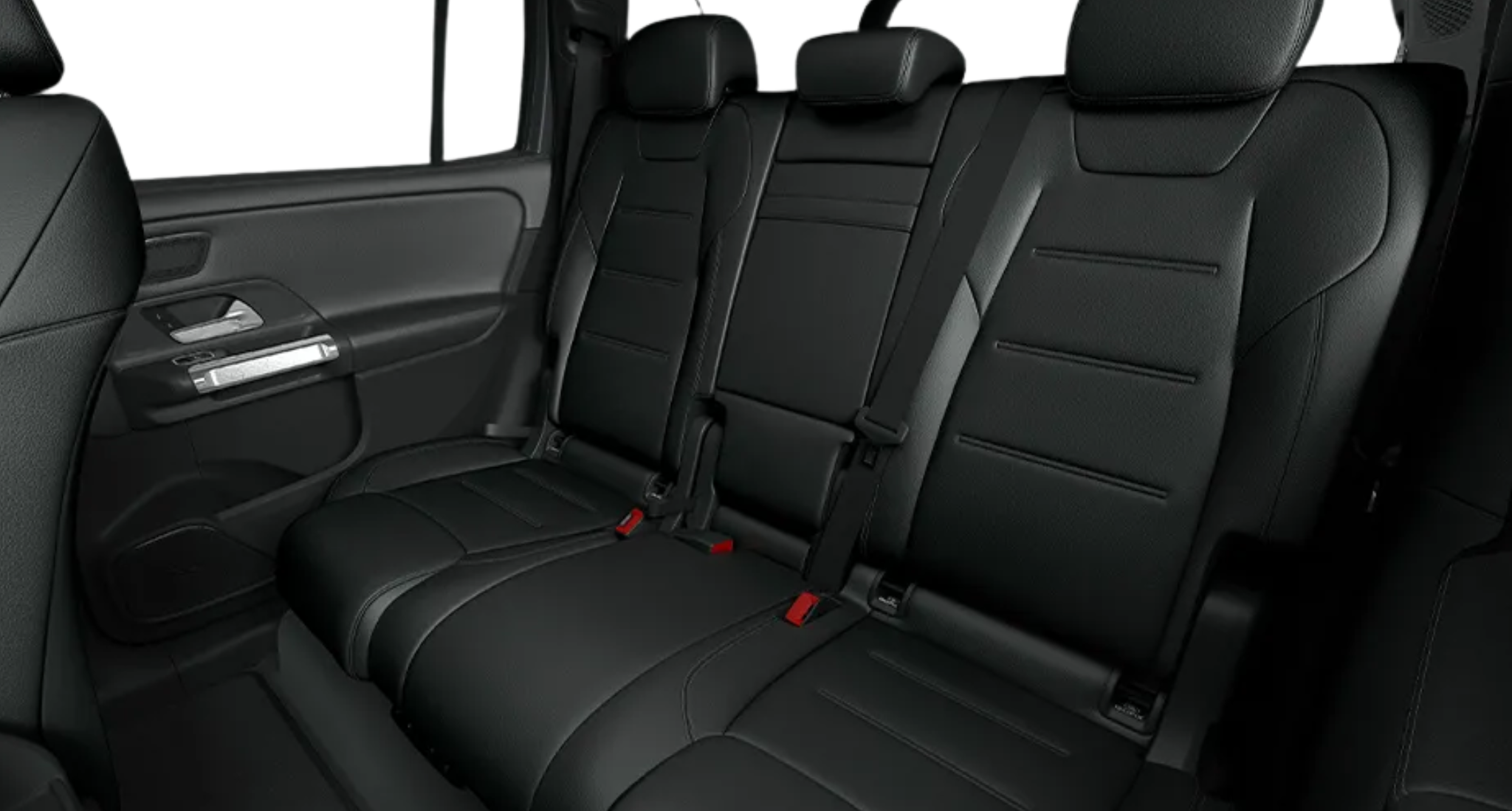 Rear seat interior view of the 2025 Mercedes-Benz EQB 300 4MATIC AWD showing premium MB-Tex upholstery and spacious 3-passenger layout.