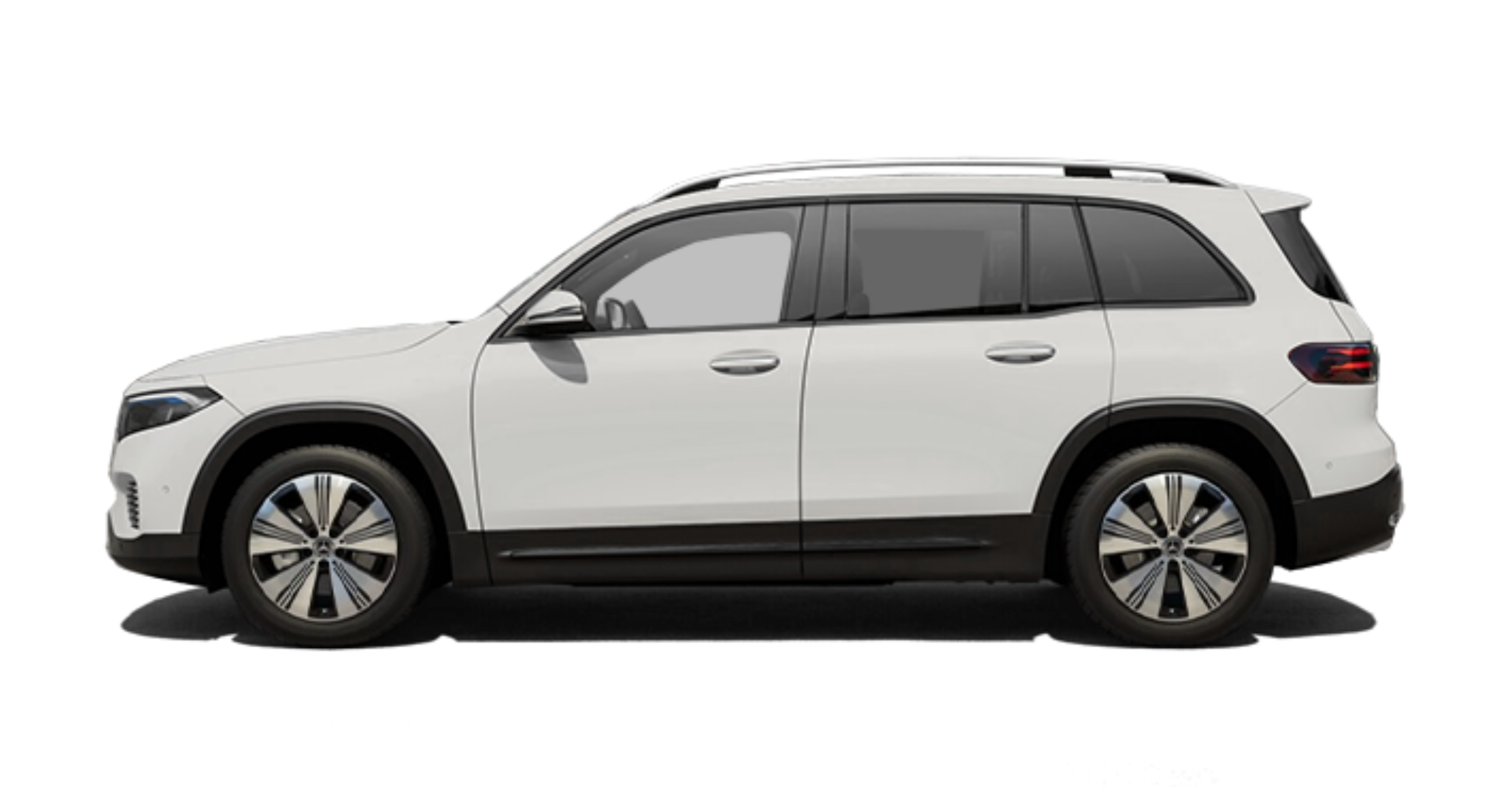 Side profile of the 2025 Mercedes-Benz EQB 300 AWD electric SUV with sleek body lines, chrome trim, and aerodynamic wheels.