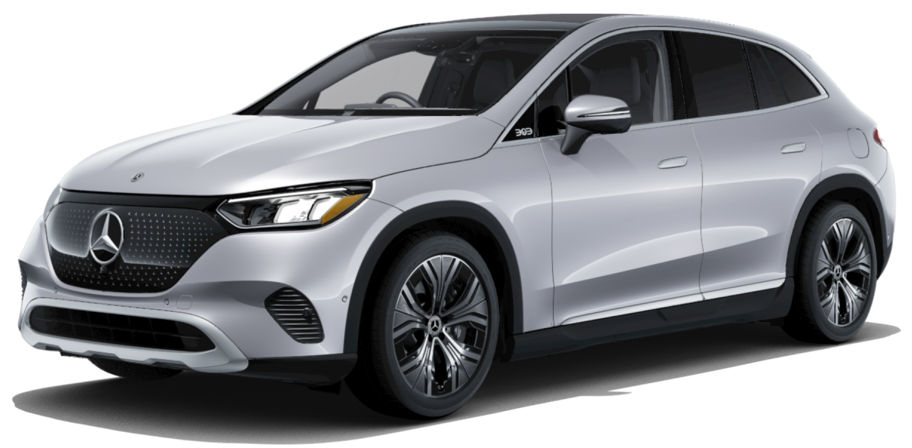 Front view of the 2025 Mercedes-Benz EQE 350 4MATIC SUV in silver, showcasing the illuminated grille, sleek headlights, and aerodynamic design.