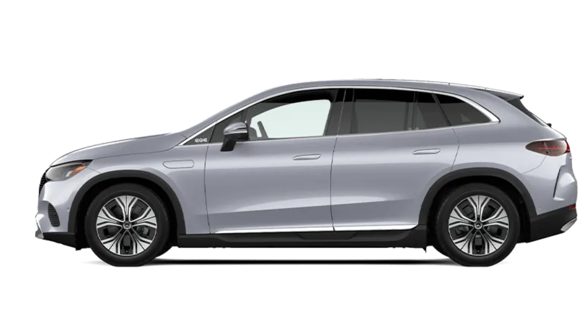 Side profile of the 2025 Mercedes-Benz EQE 350 4MATIC SUV in silver, highlighting its sculpted body lines, flush door handles, and sporty alloy wheels.