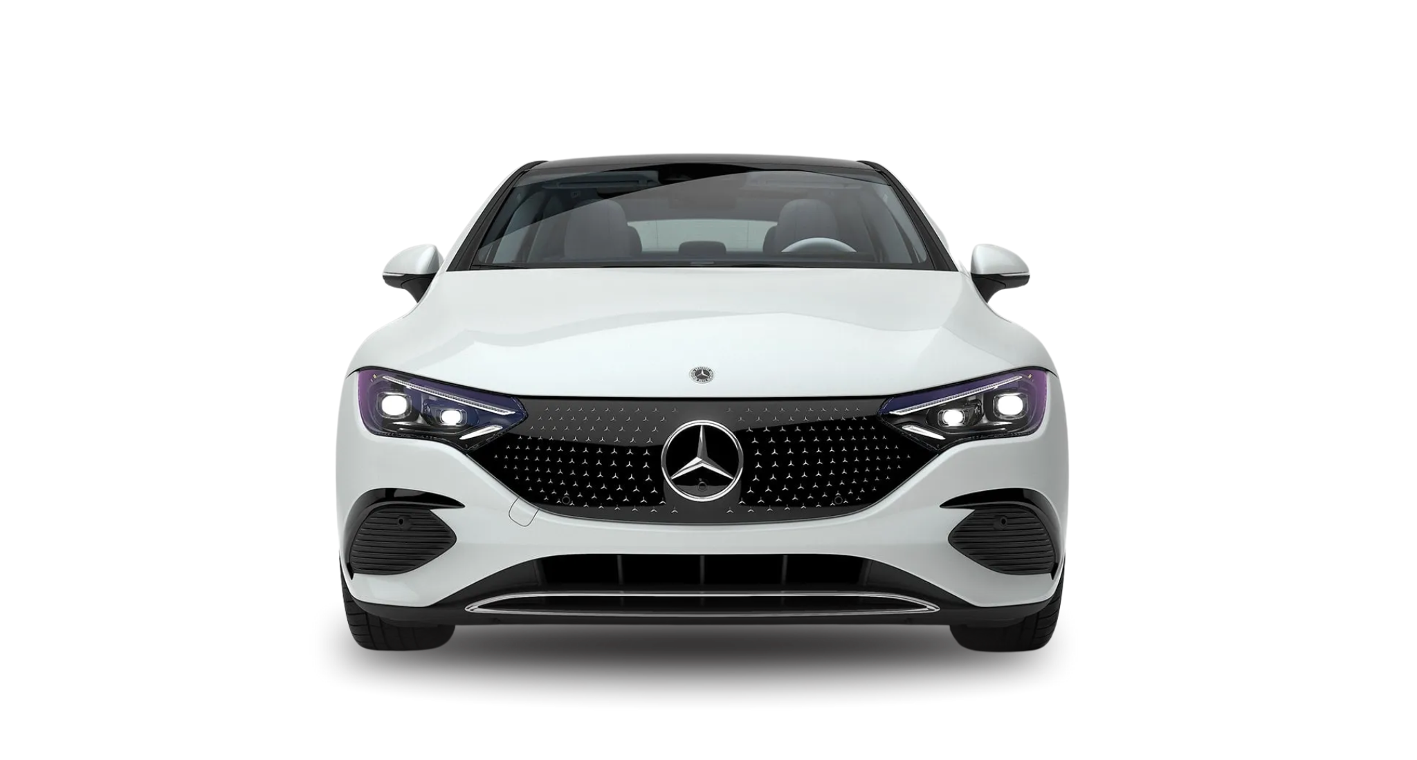 Front fascia of the 2025 Mercedes-Benz EQE RWD with signature grille, tri-star emblem, and high-performance LED headlamps