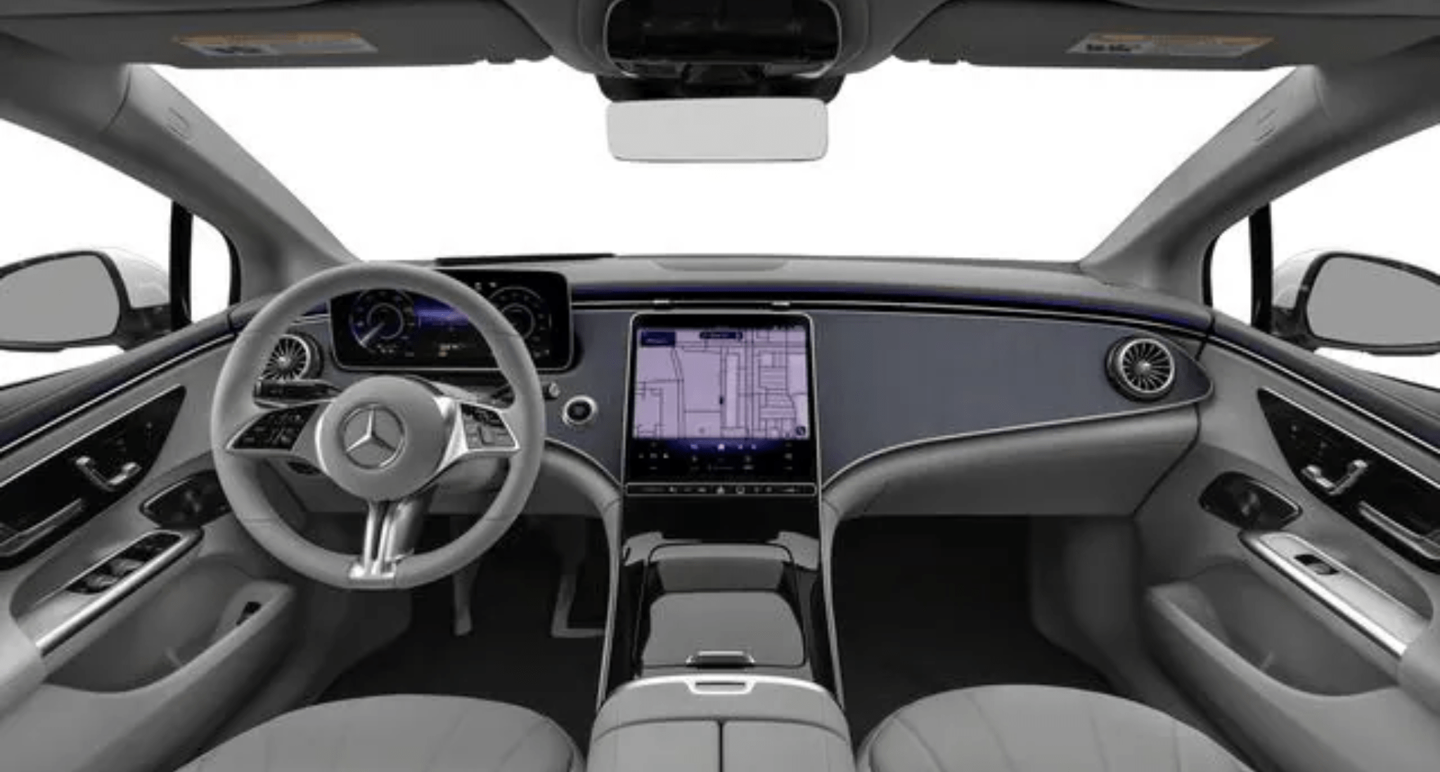 2025 Mercedes-Benz EQE RWD interior with OLED touchscreen, MBUX digital cluster, and ambient lighting in a luxury EV cockpit layout