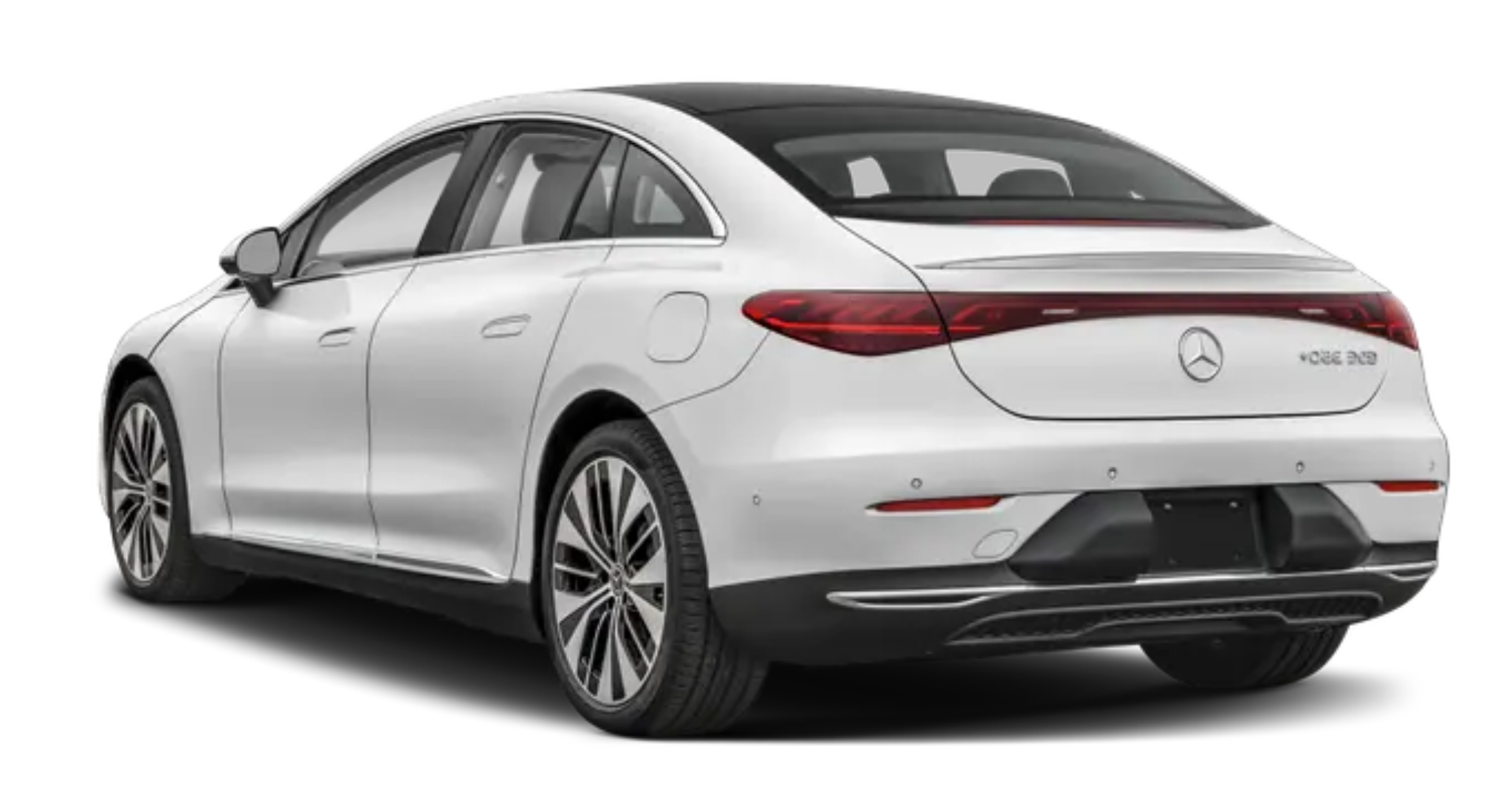 Rear view of the 2025 Mercedes-Benz EQE RWD electric sedan showing aerodynamic design, LED taillights, and charging port access