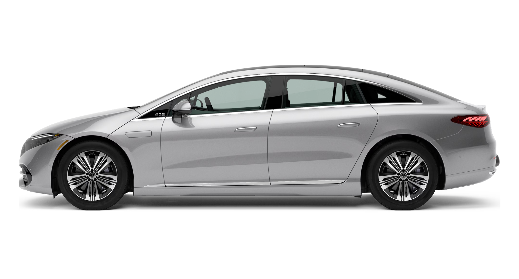 Side view of the 2025 Mercedes-Benz EQS 450 4MATIC Sedan in silver, showcasing its aerodynamic silhouette, sleek body lines, and luxury alloy wheels.