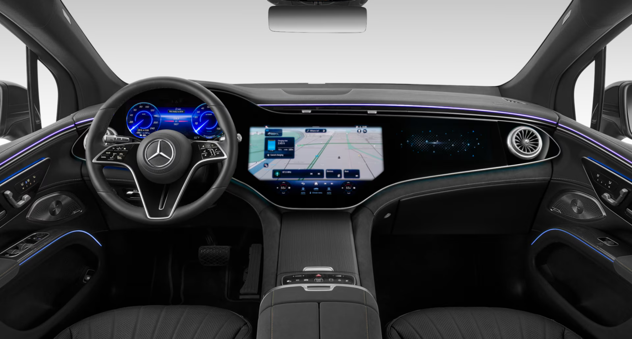 2025 Mercedes-Benz EQS 450 4MATIC SUV AWD interior featuring MBUX Hyperscreen display, ambient LED lighting, and Burmester speaker system.