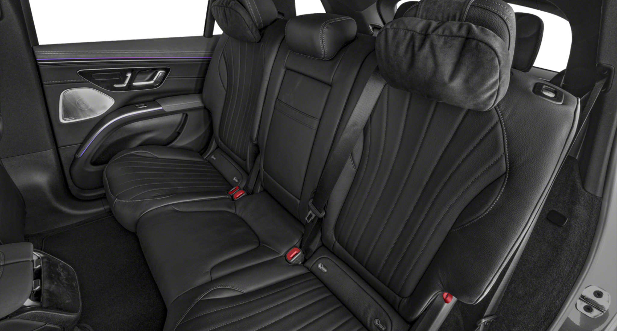 2025 Mercedes-Benz EQS 450 4MATIC SUV AWD rear seating with black leather upholstery, premium headrest pillows, and ambient lighting detail.