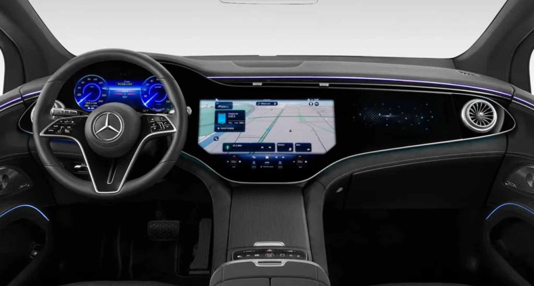 2025 Mercedes-Benz EQS dashboard featuring the MBUX Hyperscreen, digital instrument cluster, and ambient lighting in a luxury electric sedan interior