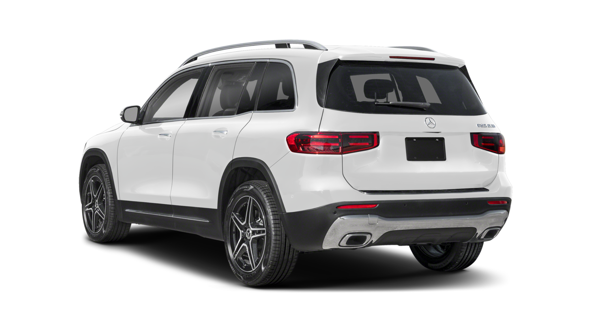 Rear angle of the 2025 Mercedes-Benz GLB 250 4MATIC showcasing dual exhausts, LED taillights, and roof rails.