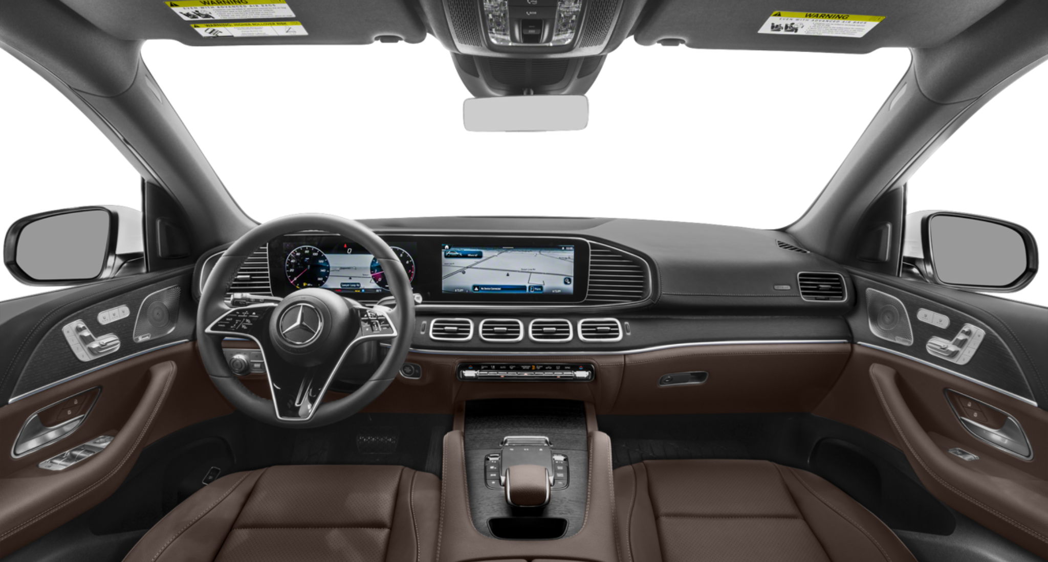 2025 Mercedes-Benz GLE 350 4MATIC AWD interior dashboard view with digital cockpit, MBUX dual screens, and brown leather seating