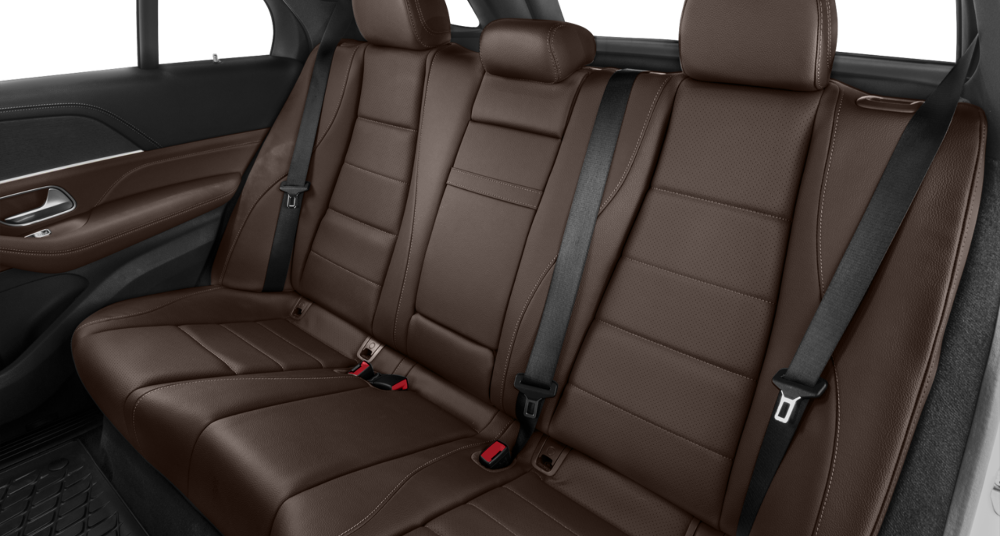 2025 Mercedes-Benz GLE 350 rear seat interior with premium brown leather upholstery and spacious second-row seating