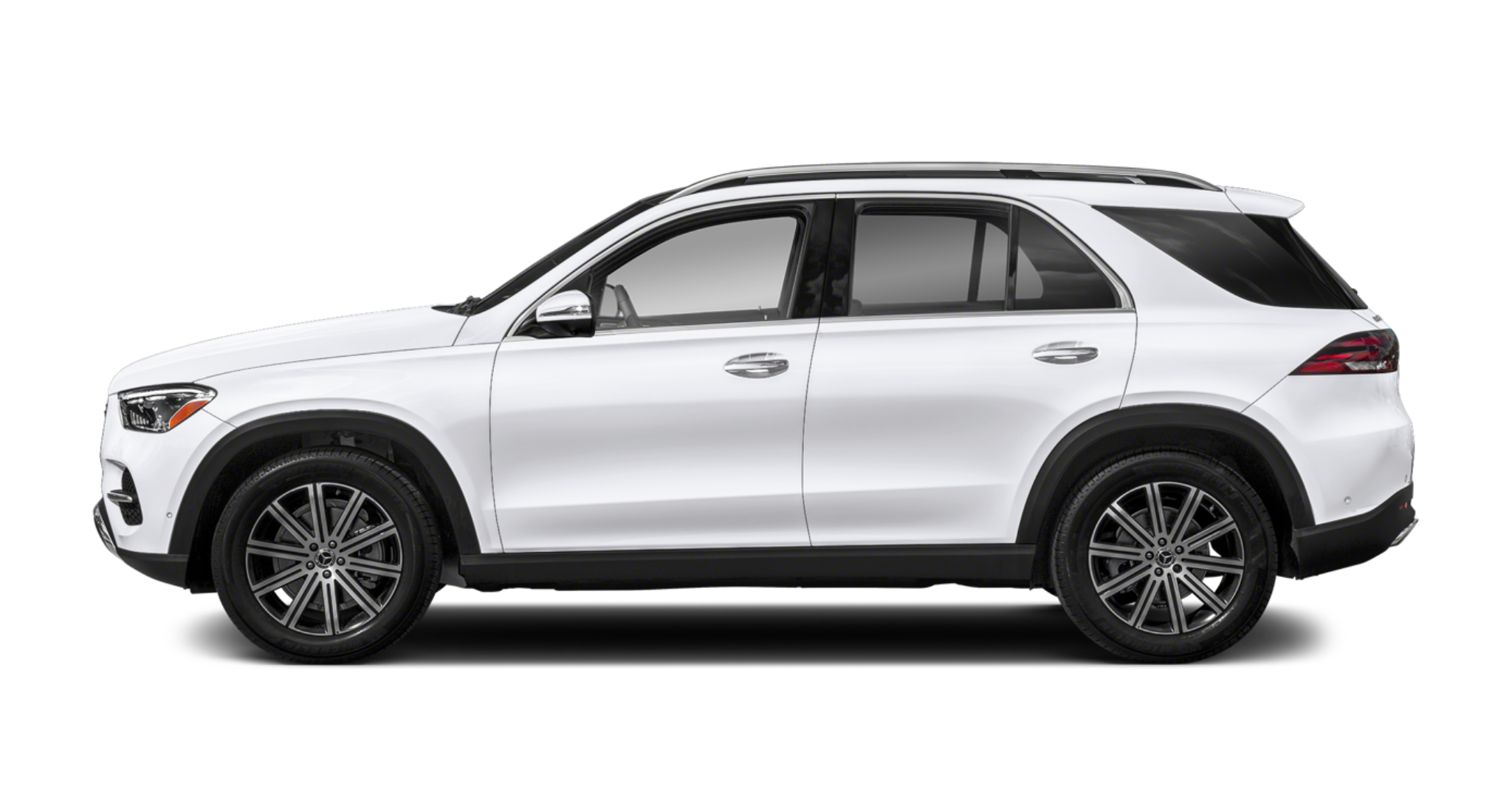 Side profile of the 2025 Mercedes-Benz GLE 350 AWD SUV with aerodynamic design, roof rails, and 19-inch alloy wheels