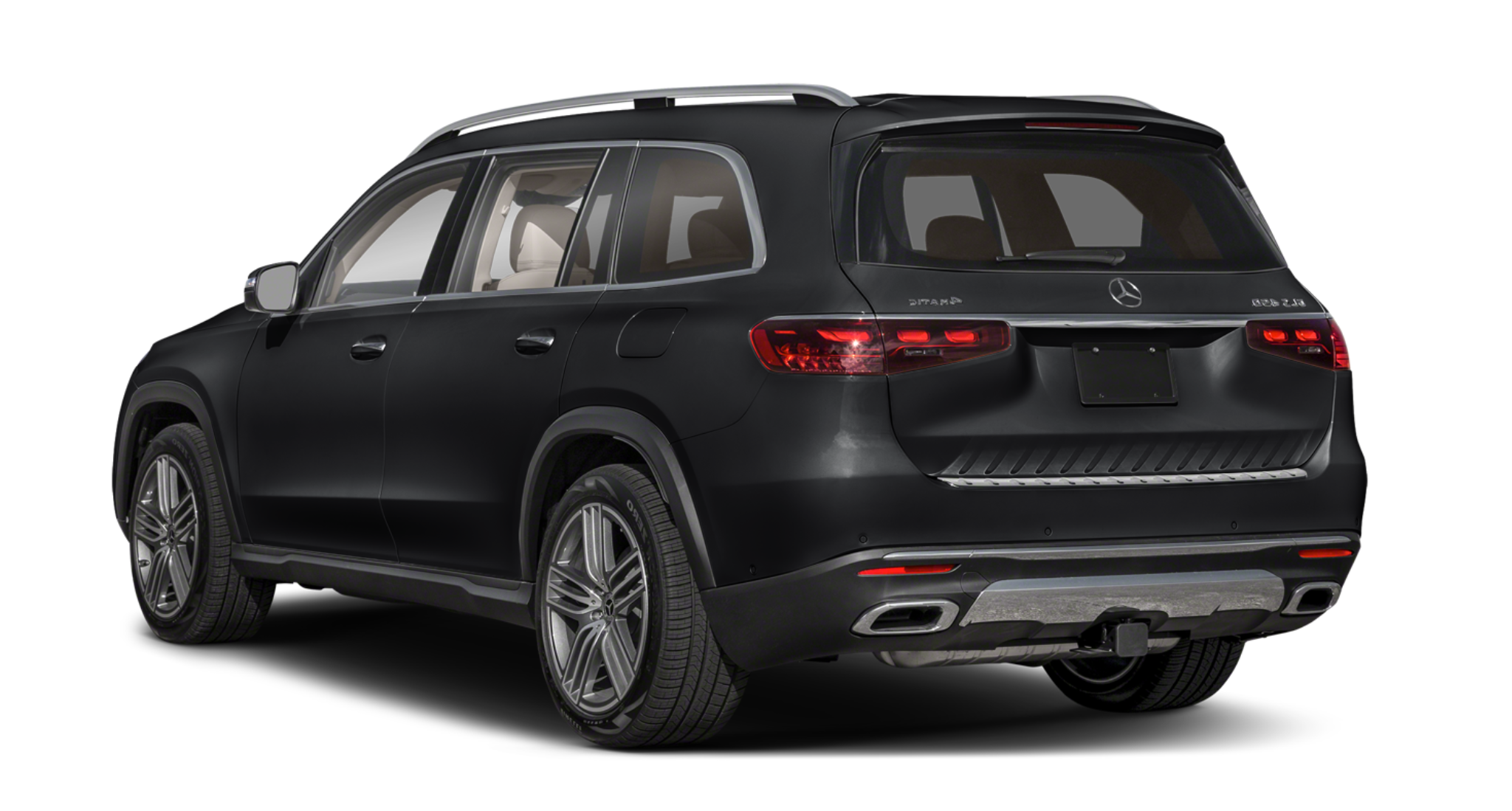 2025 Mercedes-Benz GLS 450 rear view with LED taillights, chrome exhaust tips, and 4MATIC badging on a black luxury SUV