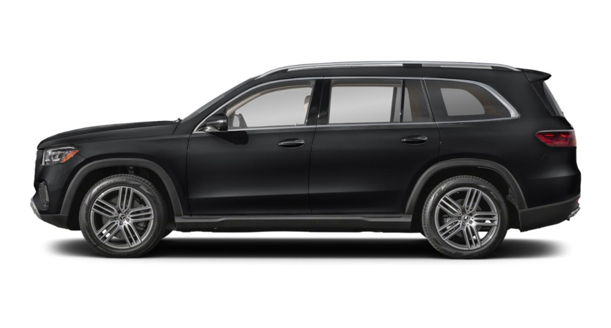 2025 Mercedes-Benz GLS 450 4MATIC SUV black side profile showing 3-row full-size luxury design with alloy wheels and chrome trim