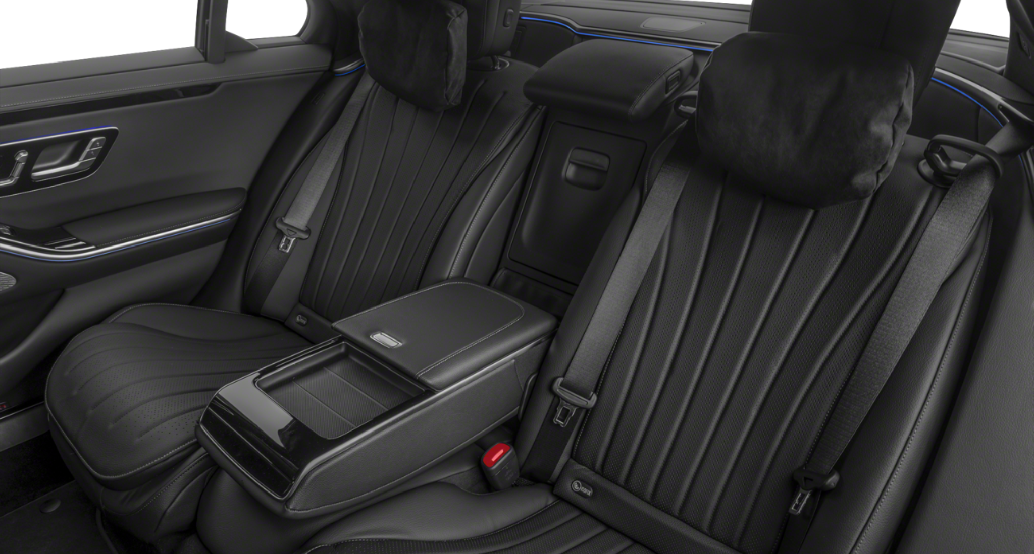Rear seating of the 2025 Mercedes-Benz S Class AWD showcasing black leather seats, plush headrests, and center console comfort.