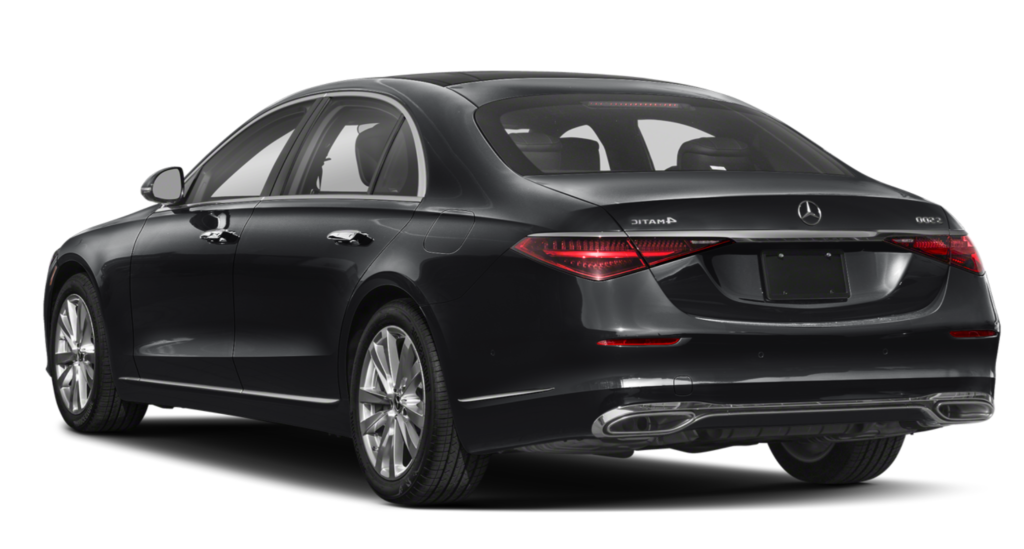 Rear exterior view of the 2025 Mercedes-Benz S Class AWD sedan in black, featuring LED taillights, 4MATIC badge, and dual exhaust.