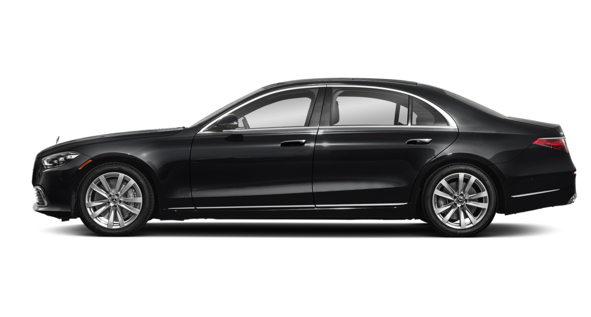 Side profile of the 2025 Mercedes-Benz S Class AWD in obsidian black with 19-inch alloy wheels and a sleek executive sedan design.
