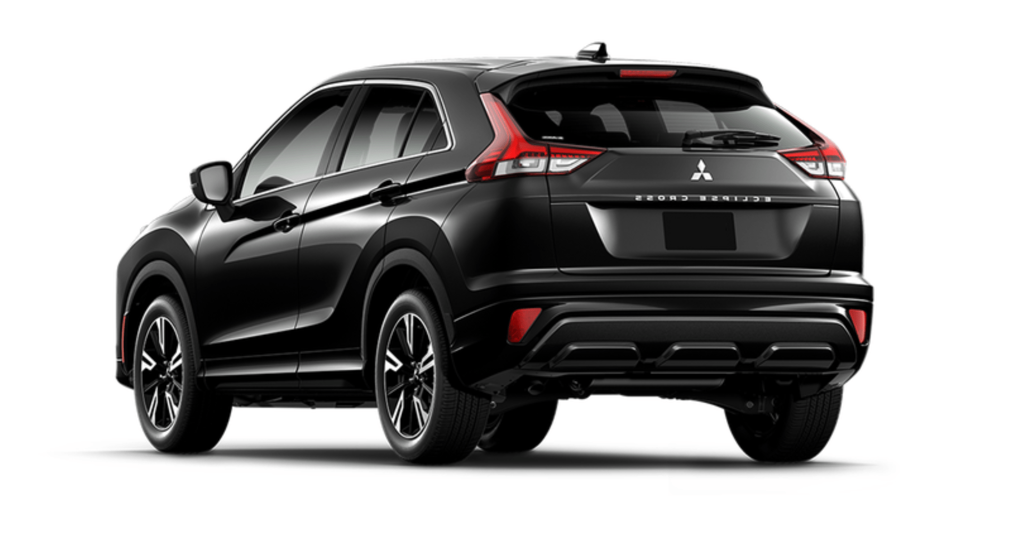 Rear view of the 2025 Mitsubishi Eclipse Cross ES AWD in black, featuring LED taillights, sport styling, and dual exhaust accents.