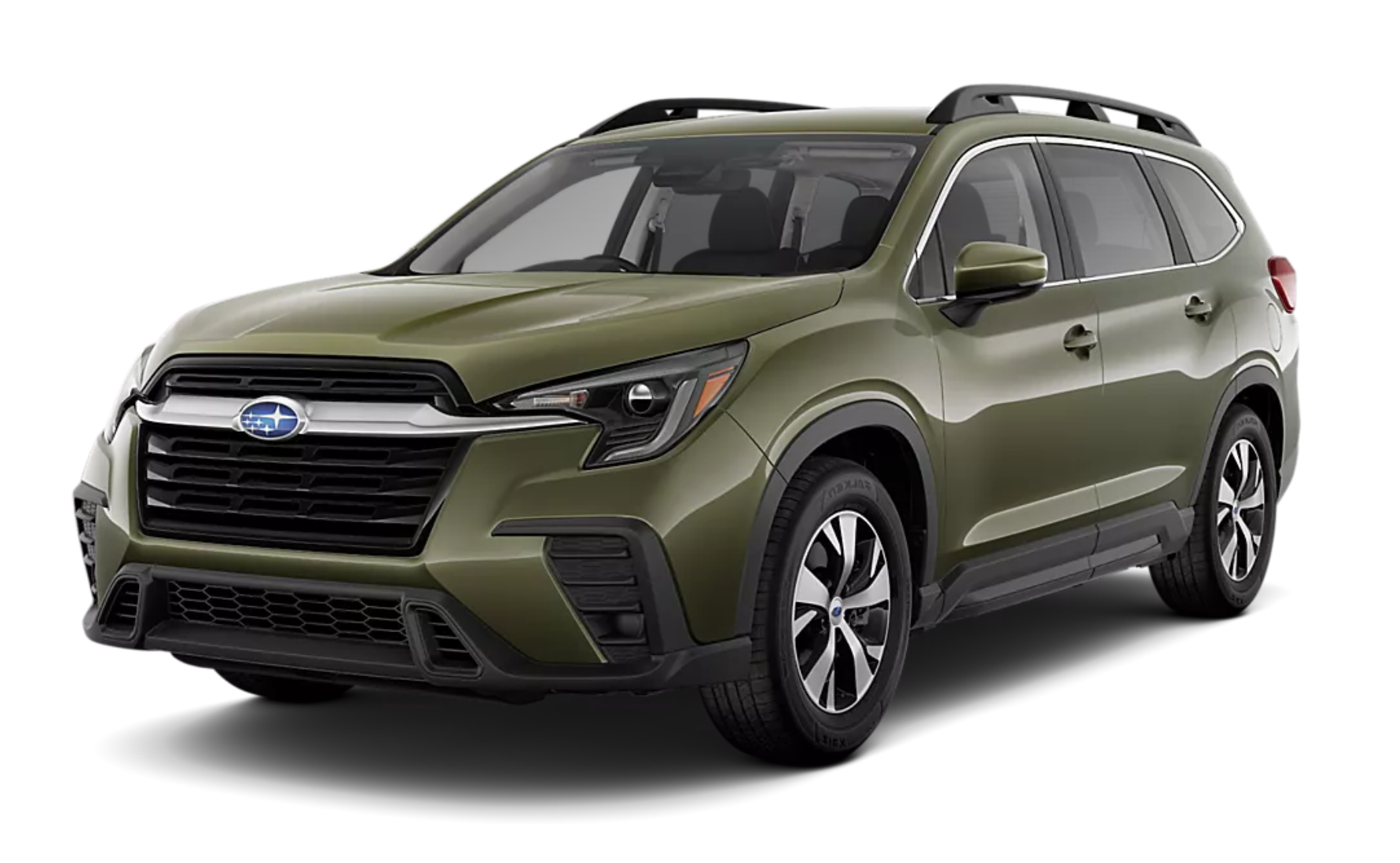 Bold front view of the 2025 Subaru Ascent Premium with LED headlights, black grille, and rugged SUV stance.