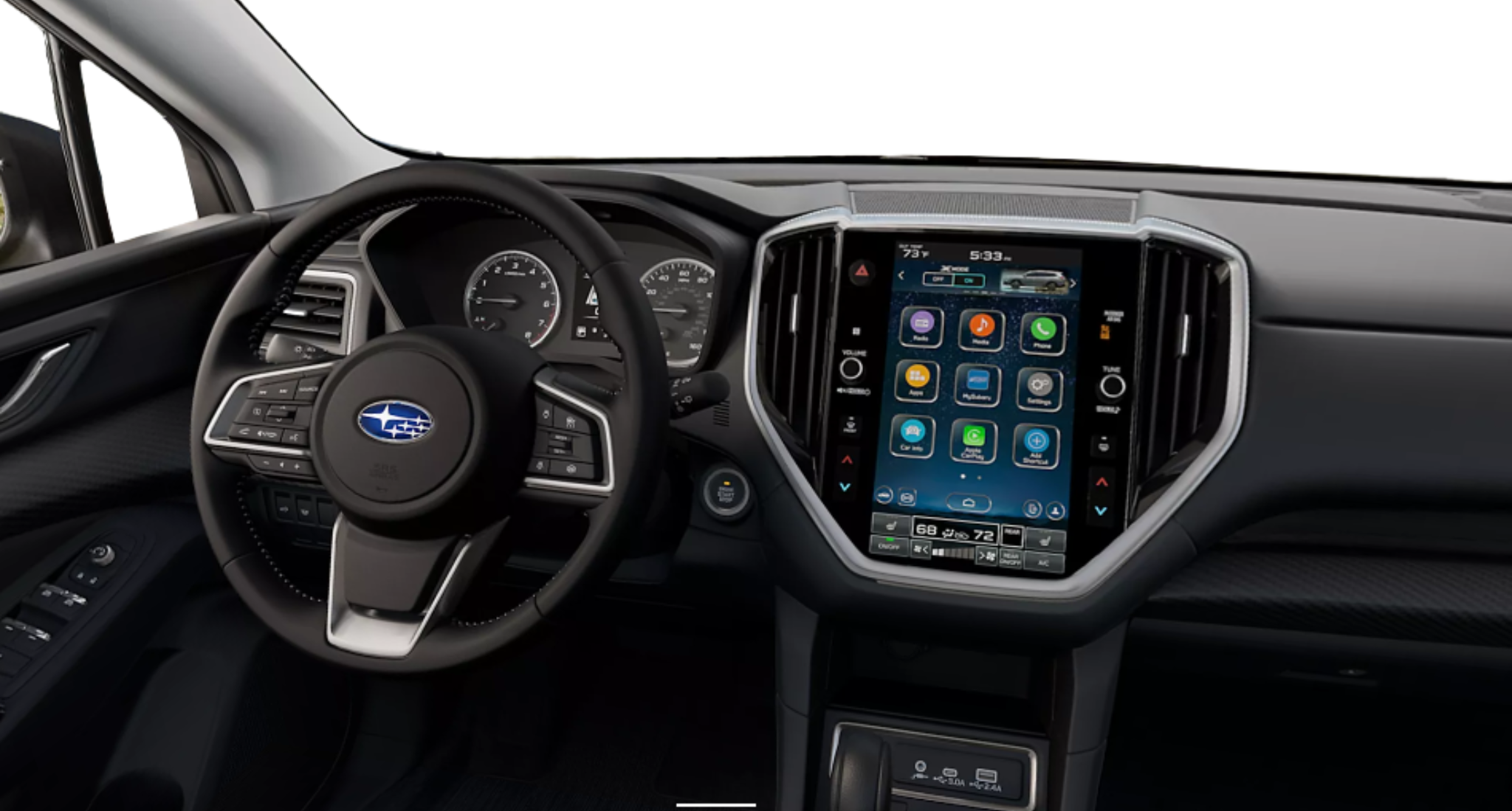 2025 Subaru Ascent Premium dashboard with 11.6-inch touchscreen, STARLINK infotainment, and multi-function steering wheel.