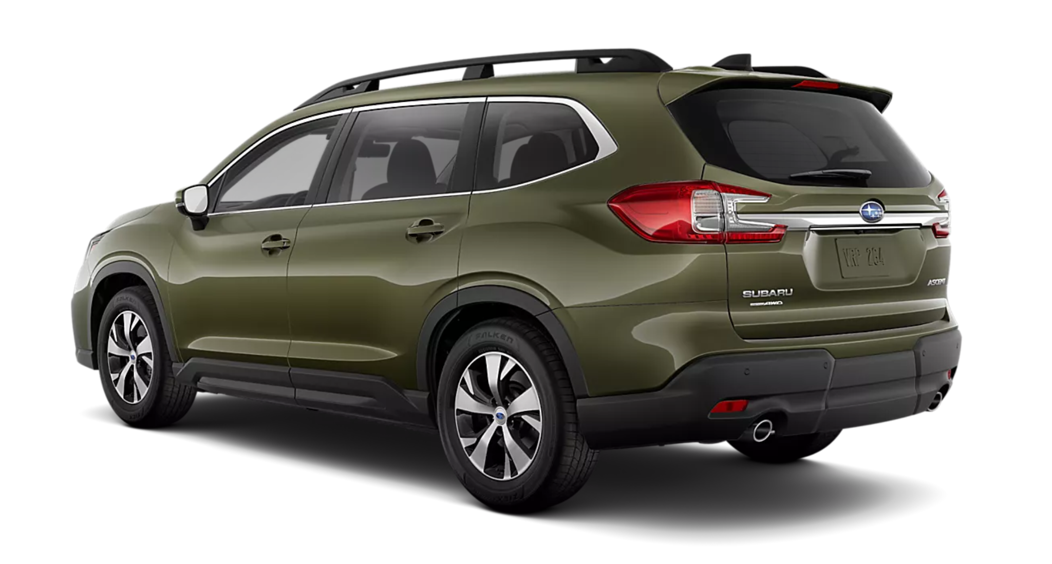 Rear view of the 2025 Subaru Ascent Premium in Autumn Green, showcasing LED taillights and symmetrical all-wheel drive badge.