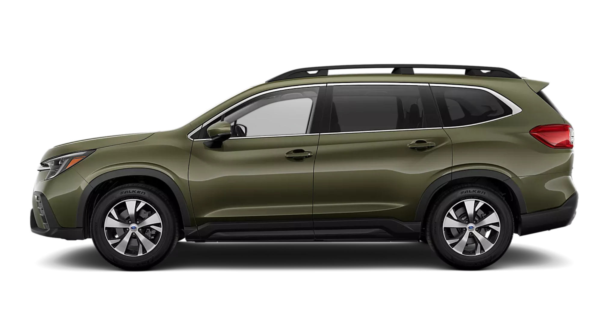 2025 Subaru Ascent Premium side profile featuring raised roof rails, 18-inch alloy wheels, and sleek SUV body design.